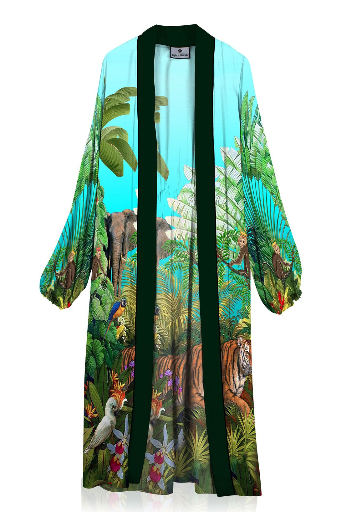 kyle richards, designer robes, silk kimono, satin trench, jungle print jacket, silk satin coat, kyle x shahida, luxury womenswea