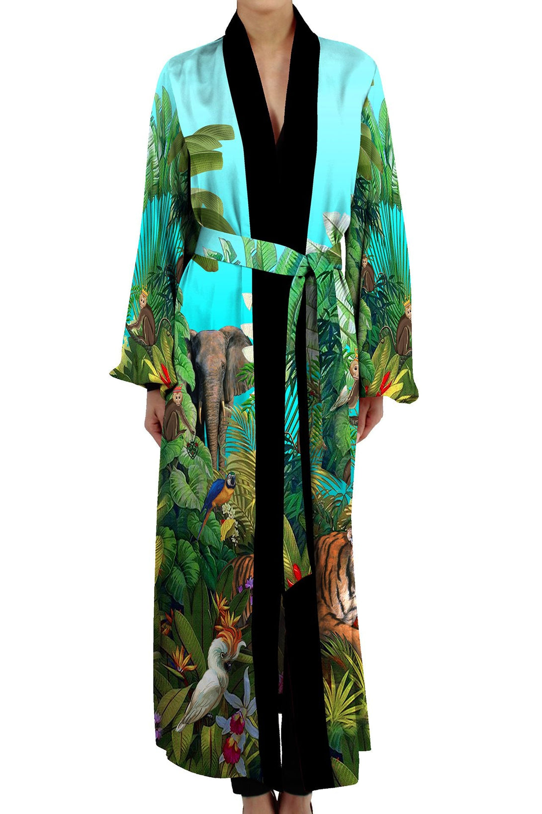 kyle richards, designer robes, silk kimono, satin trench coat, jungle print jacket, silk satin robe, premium outerwear, kyle x shahida, luxury womenswear