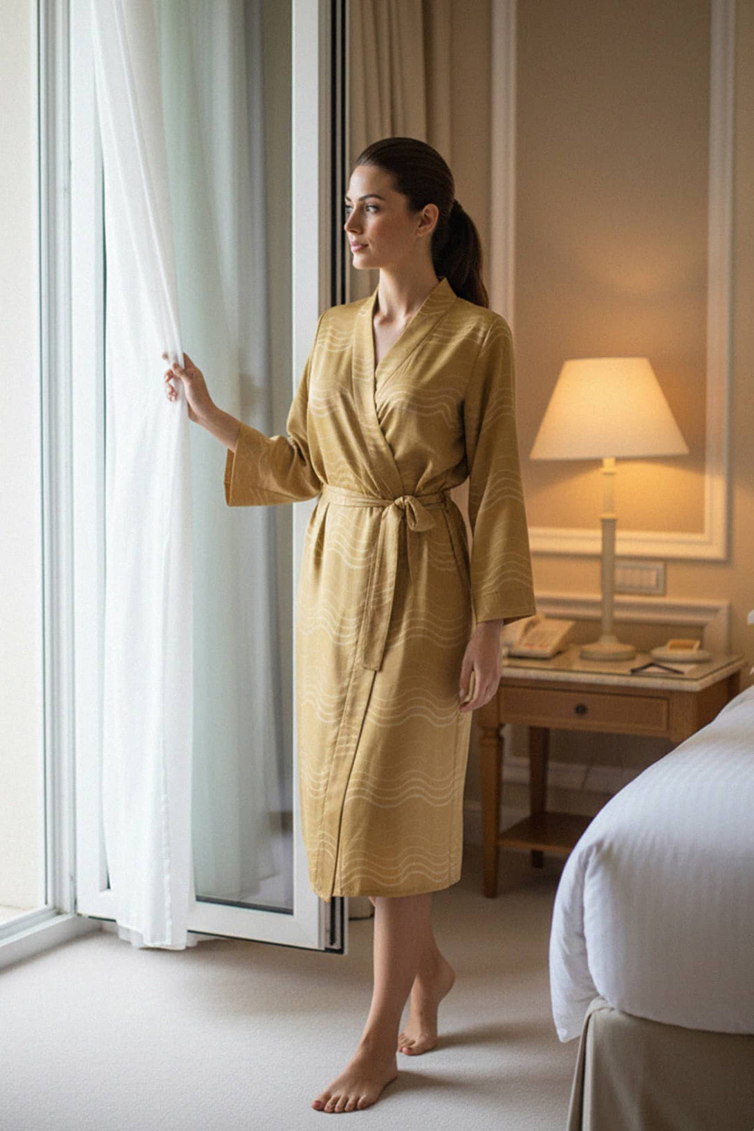 luxury wrap midi, elegant silk print, modern robe design, premium women dress, chic resort outfit