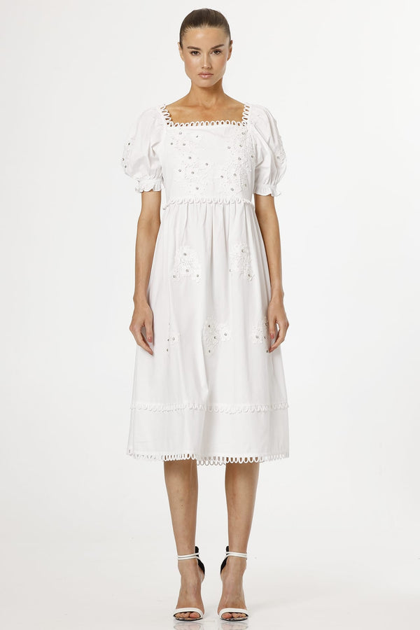 Small White Floral Appliqué A-Line Midi Dress with Tie-Back Detail for Garden Parties
