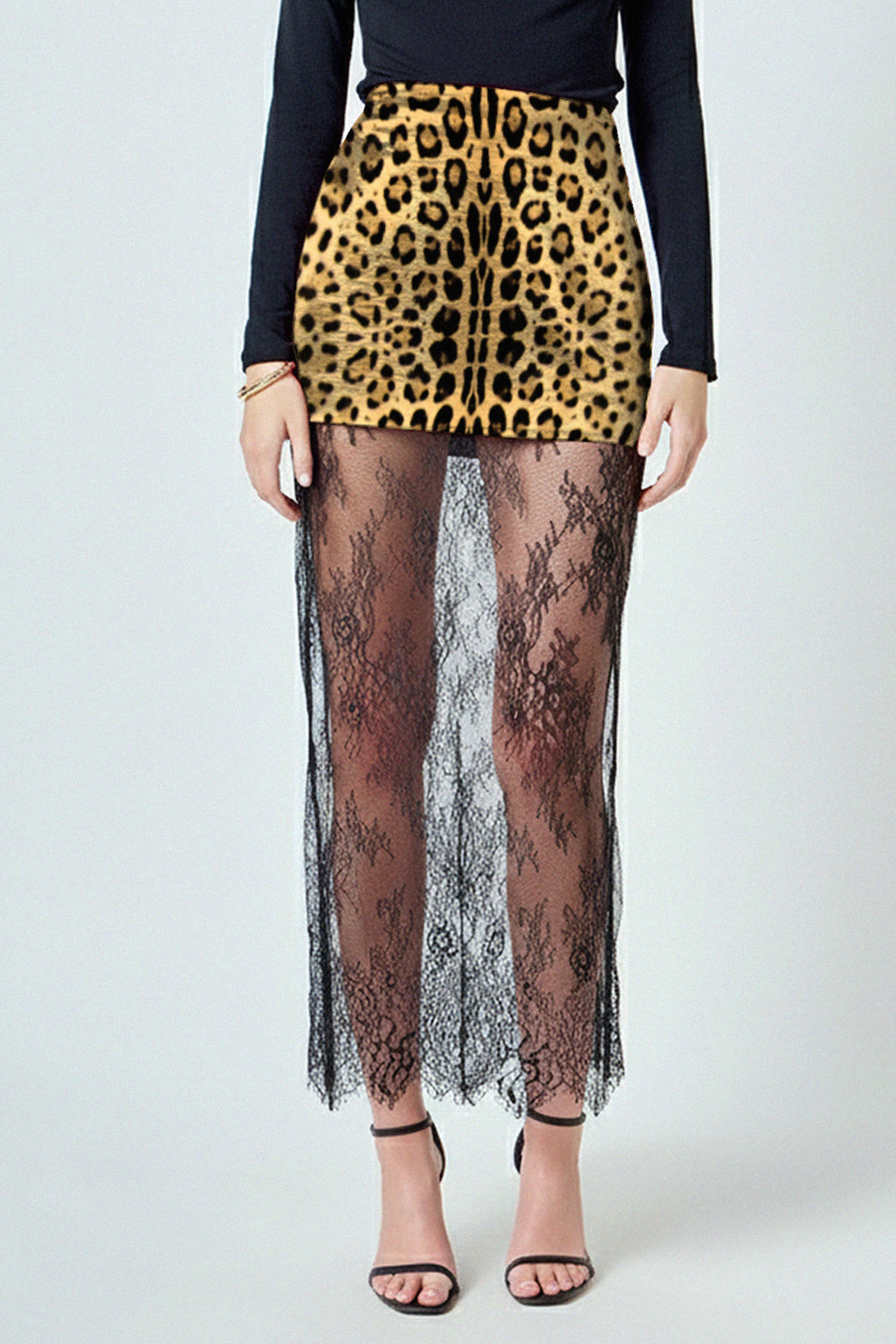 Shahida, Elegant long lace skirt for parties, Maxi skirt with lace hem detailing,