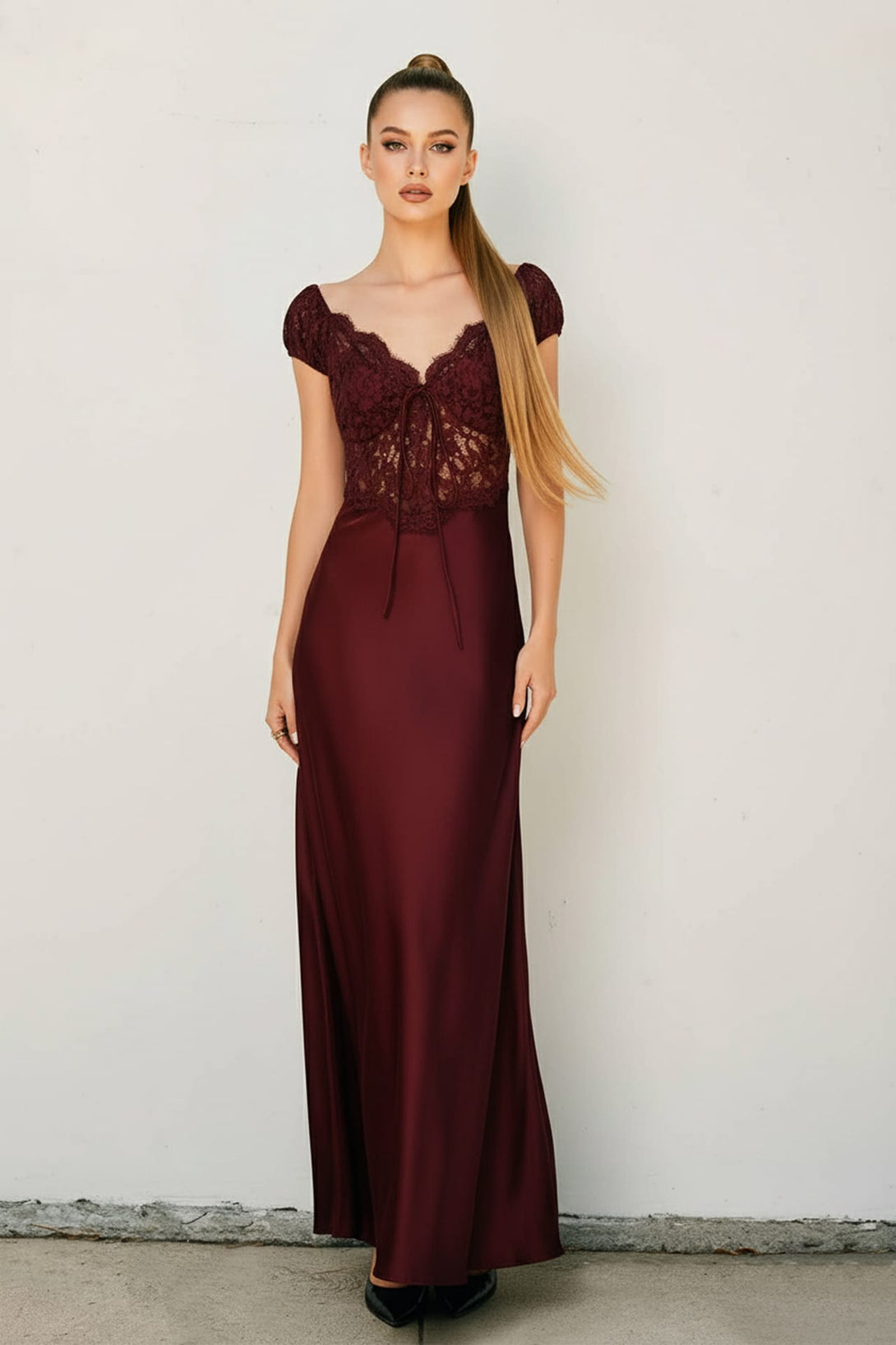 Brown lace bodice side slit gown for luxury events, Shahida,
