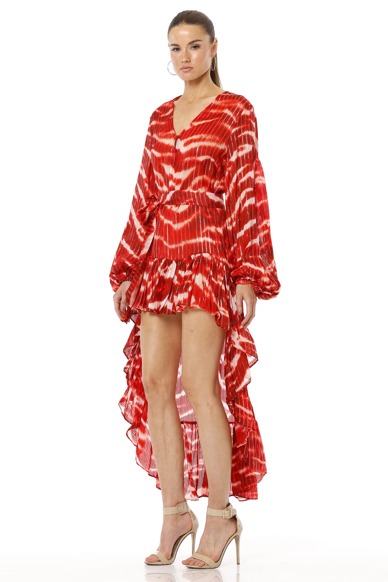 Ruffle Hem Dress | Long Puff Sleeve Dress | Red Ruffle Dress | Qishma ...