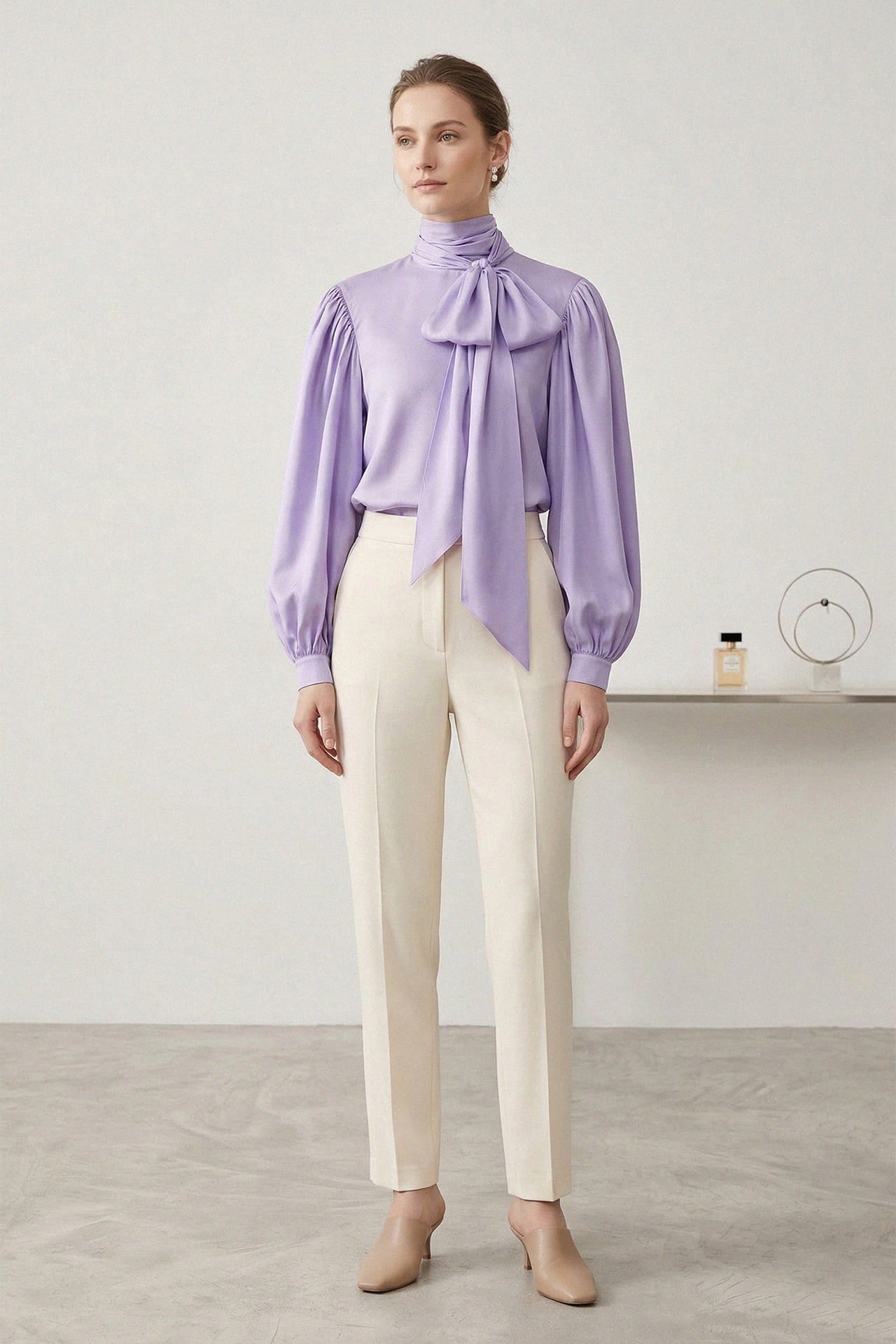 Lavender Satin-Twill Tie-Neck Blouse | Shahida – Shahida Parides