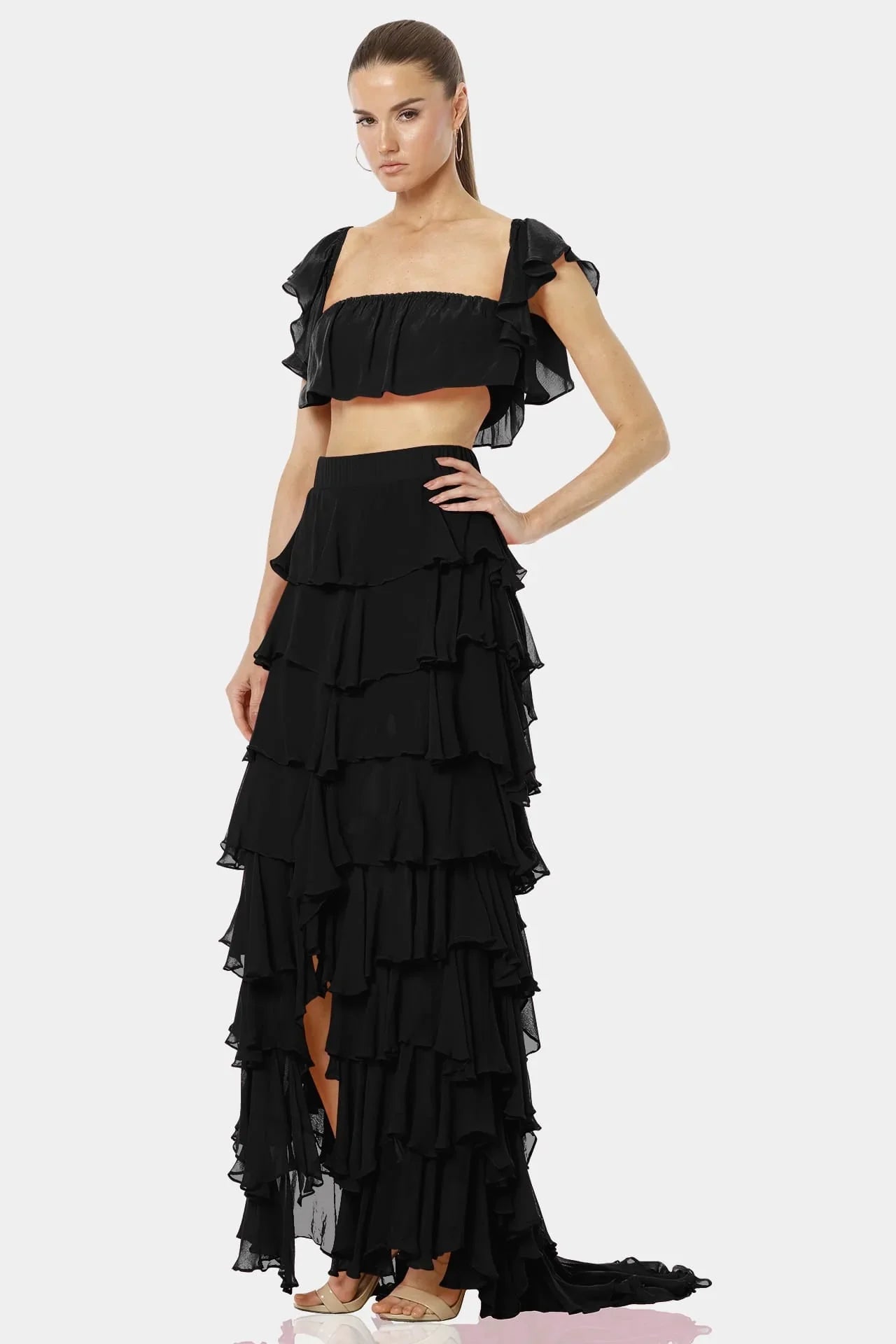 Tiered Ruffle Maxi Skirt | Long Black Tulle Skirt | Qishma