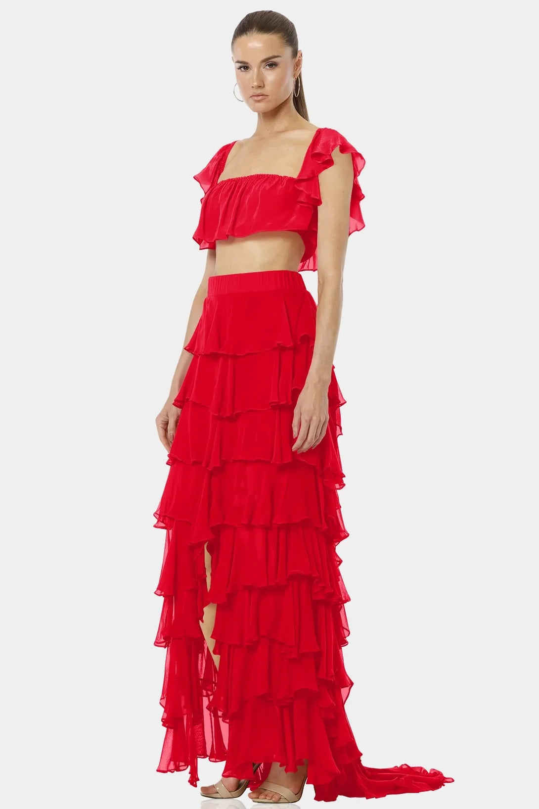 red ruffle maxi dress S Almyra Flaming Red Ruffle Top