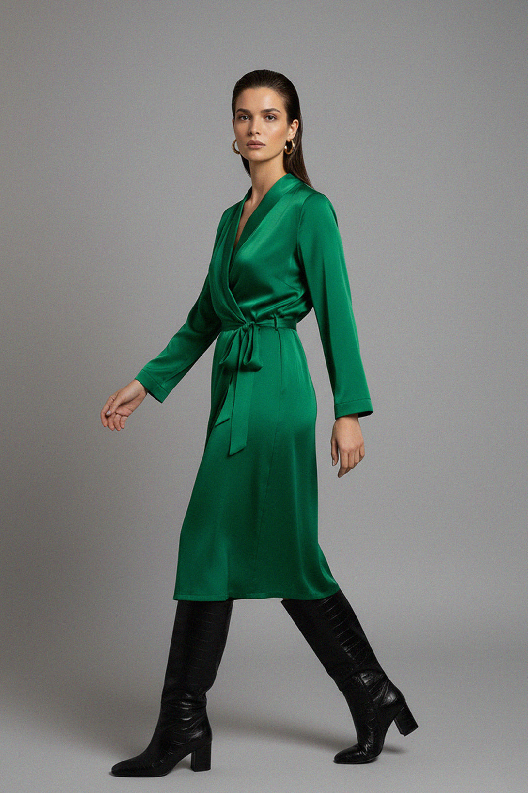 left angle wrap, green midi dress, vegan silk outfit, eco luxury clothing, Shahida Parides line, sustainable chic, elegant design, soft flow fabric, modern silhouette, stylish wrap, eco wear, ethical brand