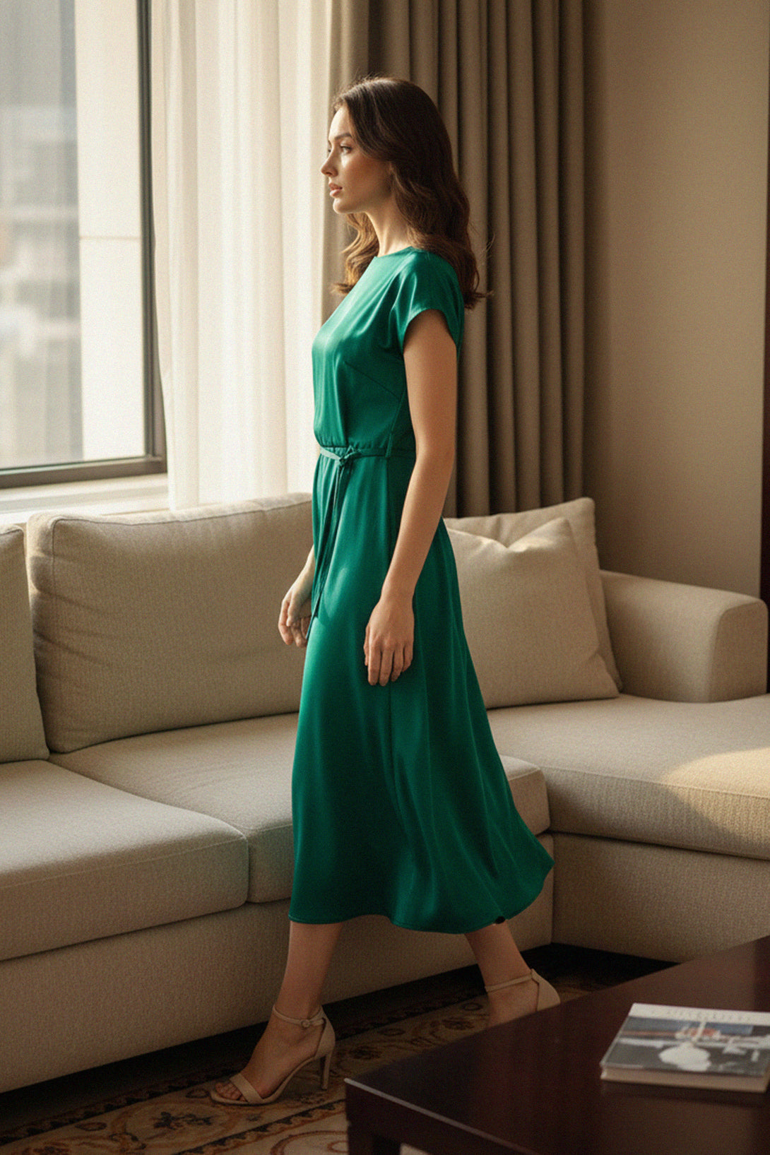 left profile dress, satin green fashion, Shahida Parides piece, belted waist midi, draped satin fabric, elegant side view, women’s modern outfit, sleek green look, emerald satin attire, soft fabric gown, feminine silhouette