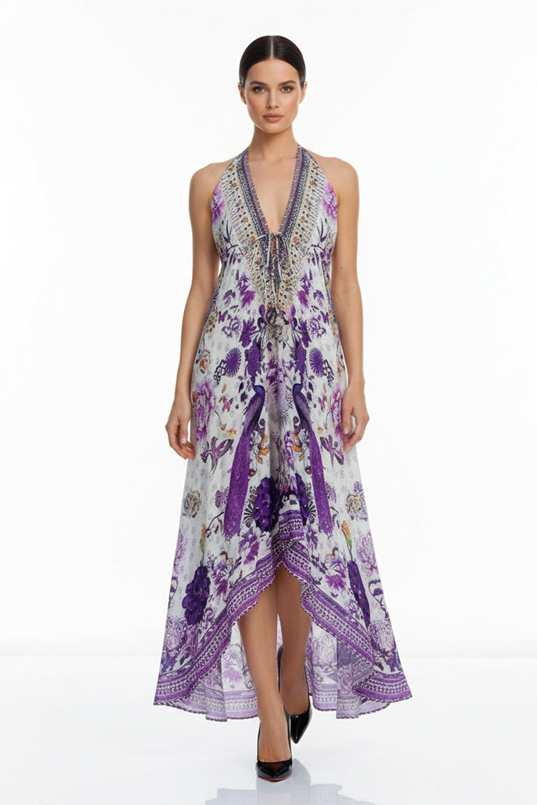 maxi dress with scarf Light Purple Floral Silk Maxi Dress with Scarf Neckline