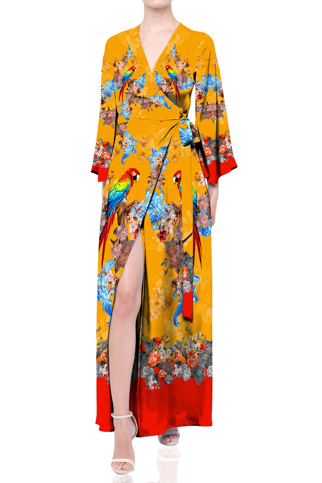 M - L Light Yellow Tropical Print Wrap Dress M - L Light Yellow Tropical Print Wrap Dress