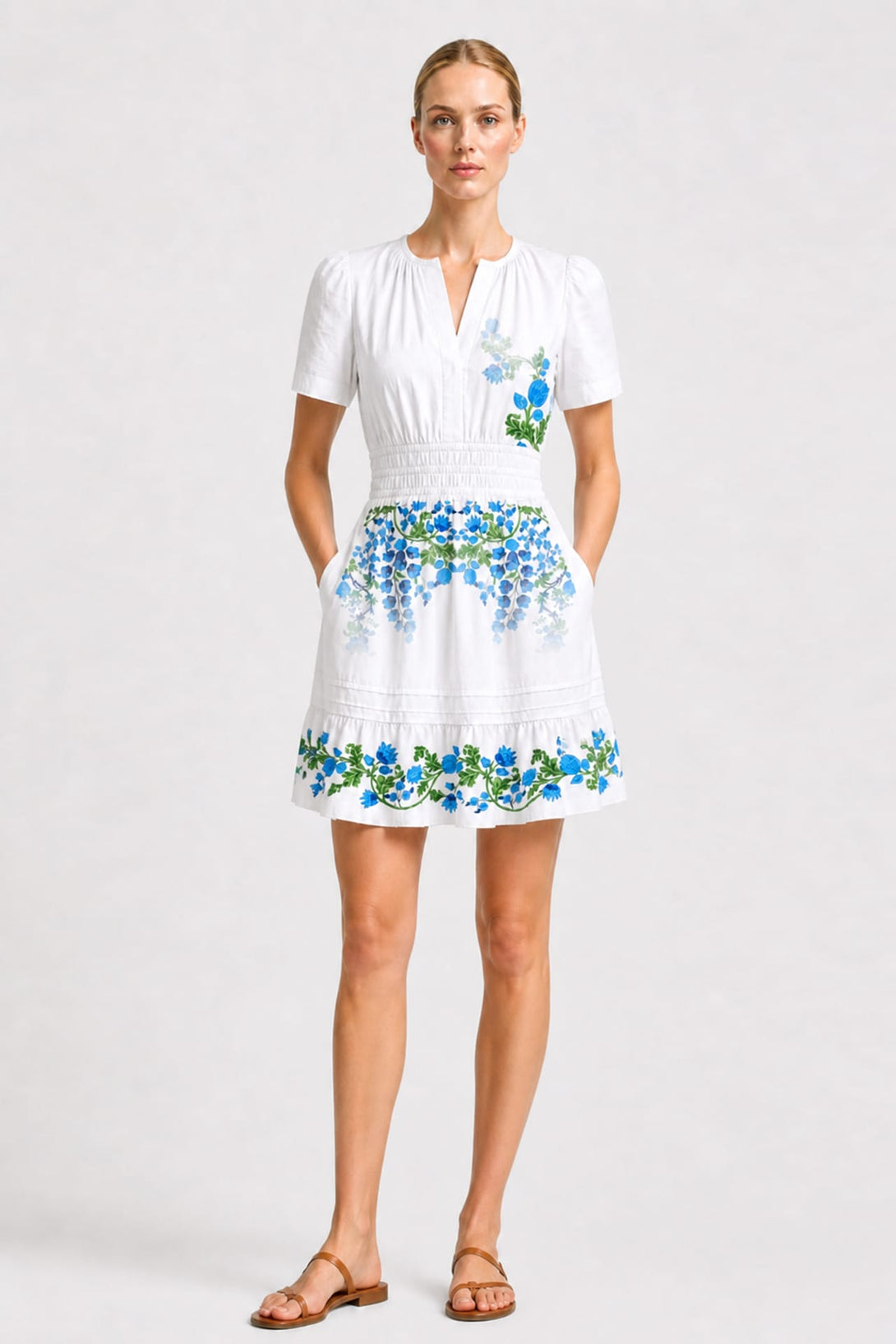 S Blue & White Floral Organic Cotton Poplin Mini Dress for Mediterranean Summer Escapes