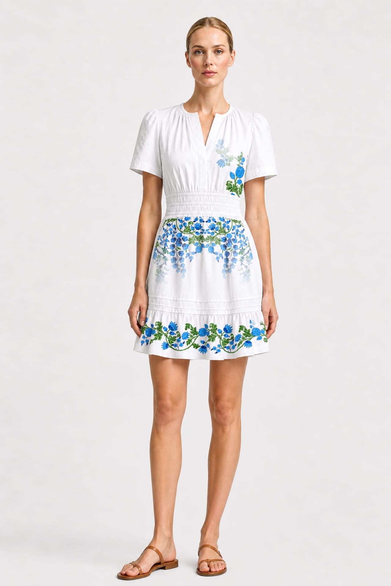 S Blue & White Floral Organic Cotton Poplin Mini Dress for Mediterranean Summer Escapes S Blue & White Floral Organic Cotton Poplin Mini Dress for Mediterranean Summer Escapes