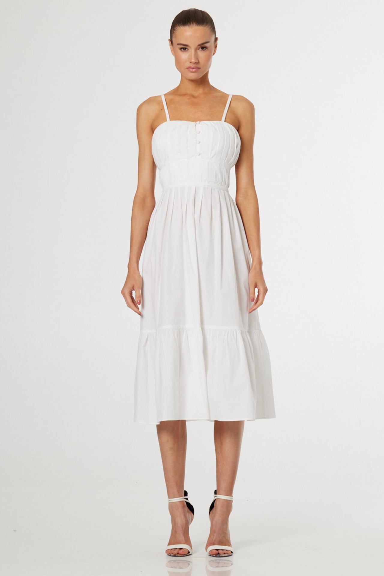 S Luxury White Cotton Midi Dress with Open Back & Feminine Tiered Silhouette