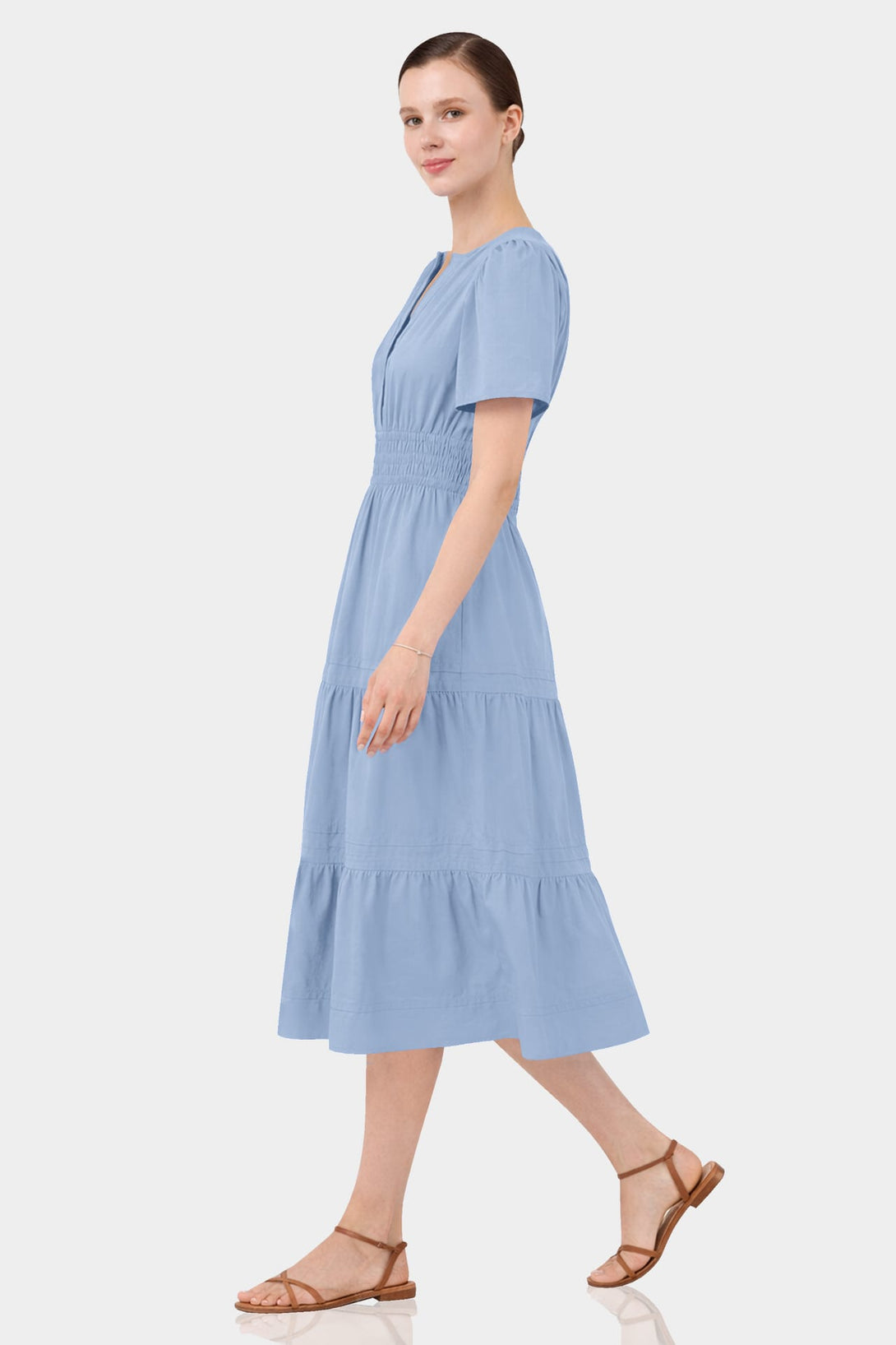 Standard / S Steel Blue Tiered Midi Dress with Elastic Waist – Resort Wear Midi Dress