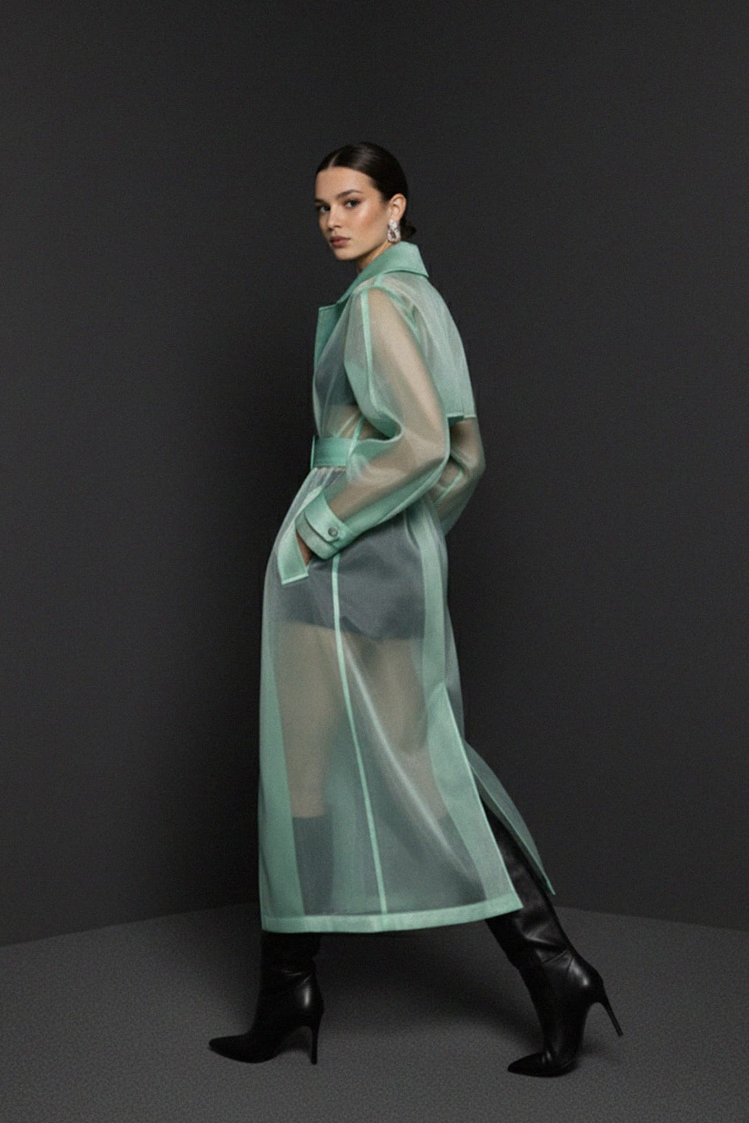 Luxury organza long trench coat for spring wear, Shahida,