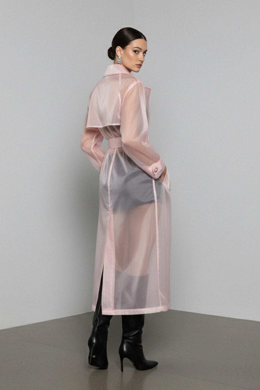 Transparent organza long coat with belted waist, Shahida