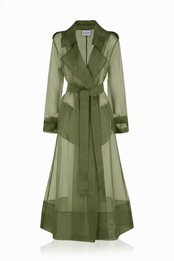 green trench dress Sand-Washed Pocket Long Silk Trench Dress for Women