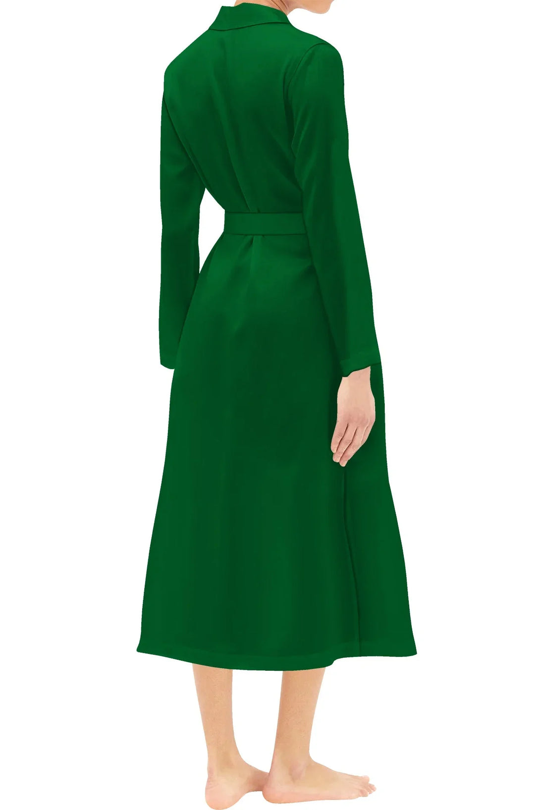 long midi dress, green wrap dress, vegan cupro silk, Shahida Kyle Richards, designer boutique, sustainable fashion, soft drape, feminine style, luxury outfit, eco friendly dress, modern elegance, chic robe