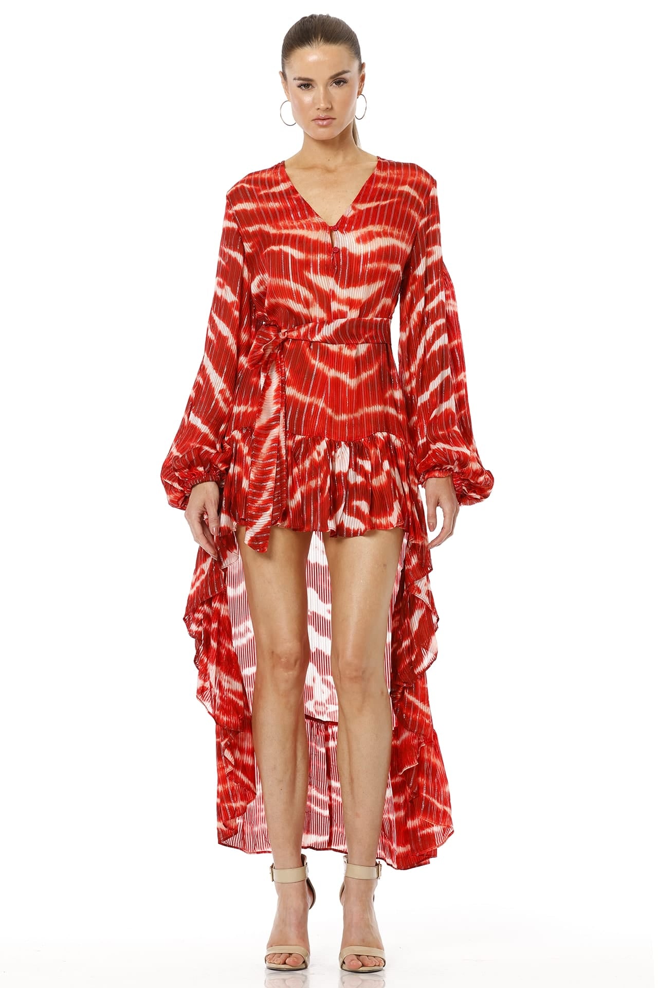 Ruffle Hem Dress | Long Puff Sleeve Dress | Red Ruffle Dress | Qishma ...