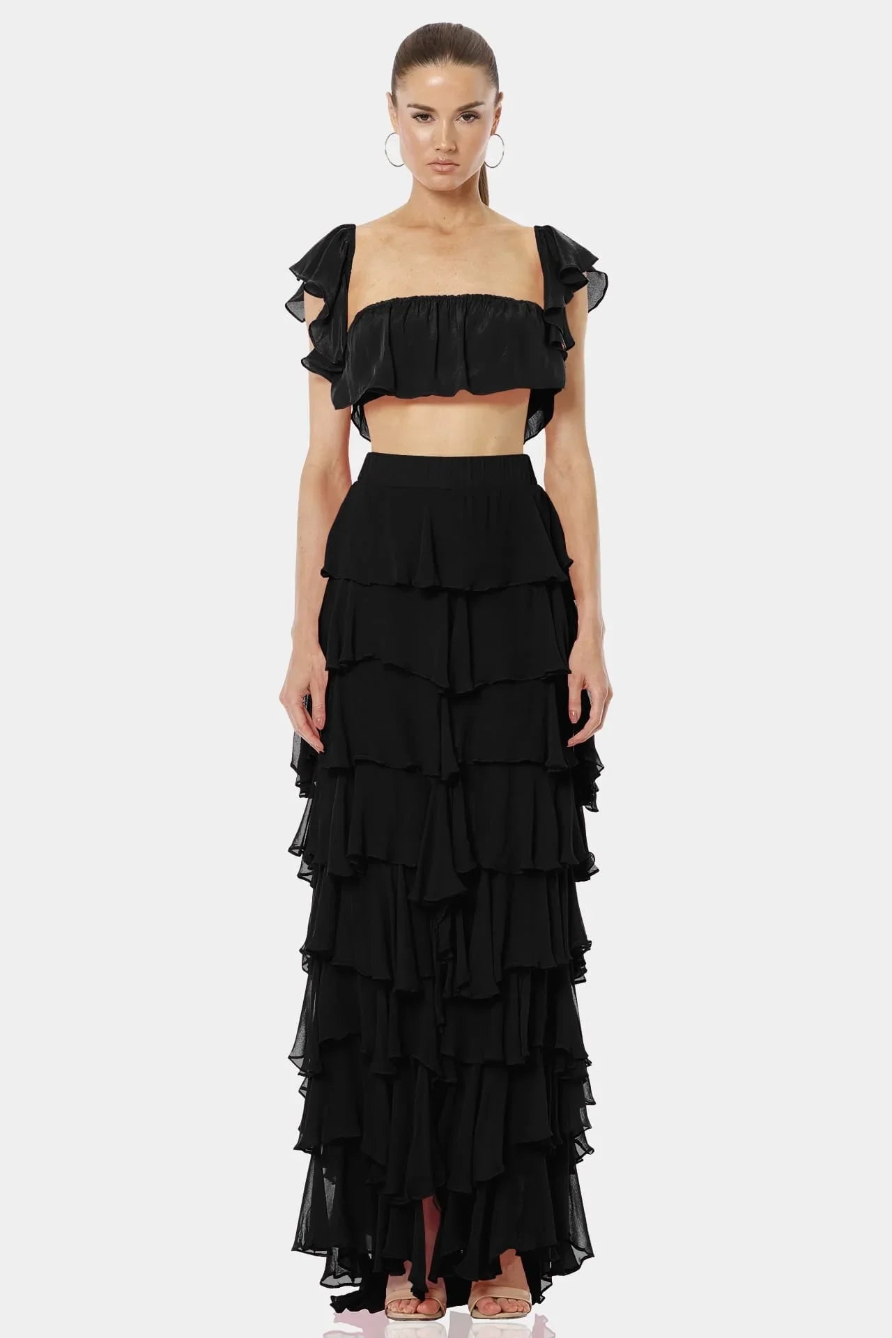 Tiered Ruffle Maxi Skirt | Long Black Tulle Skirt | Qishma