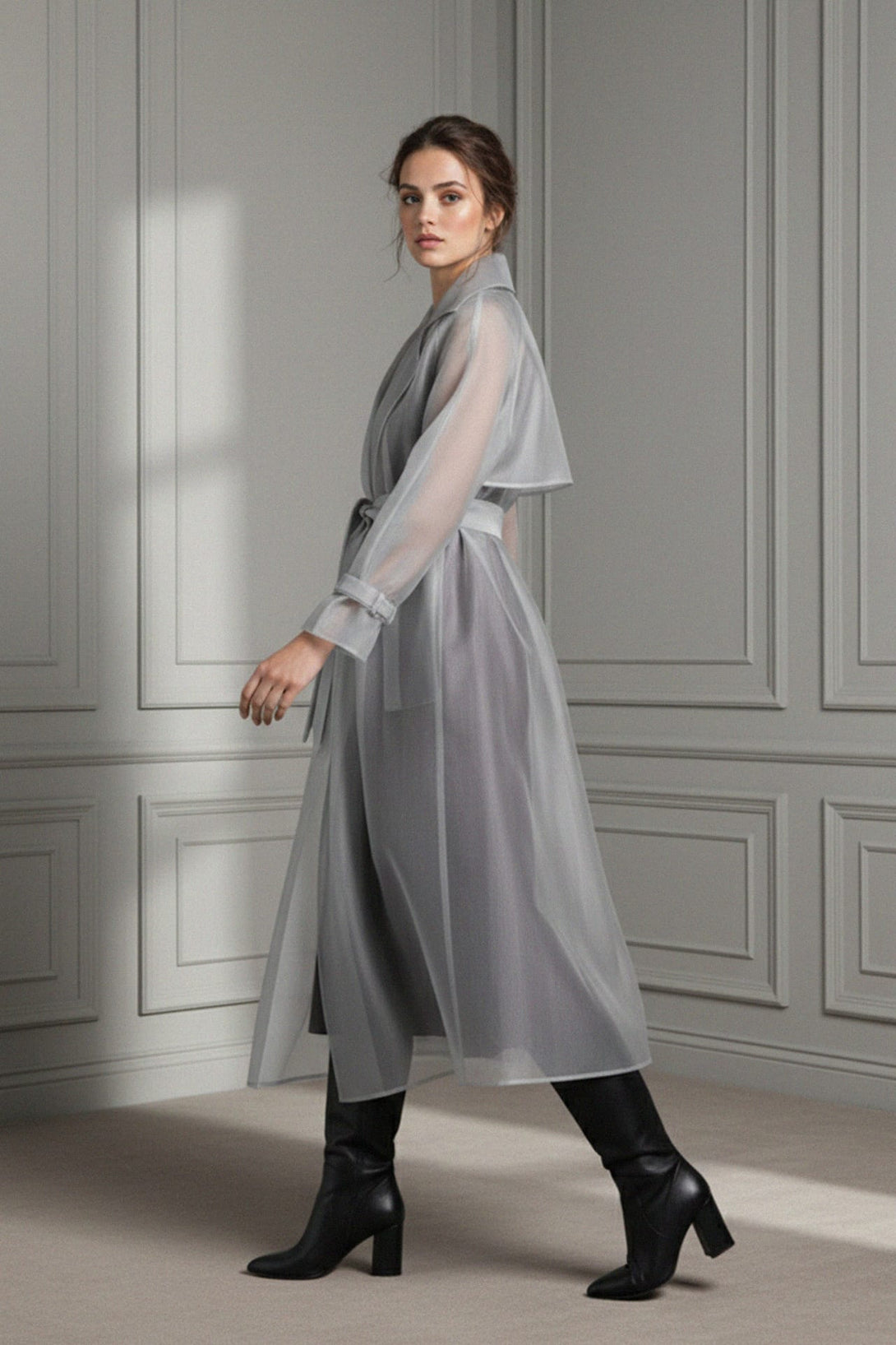 Belted organza trench coat for sophisticated look, Shahida,