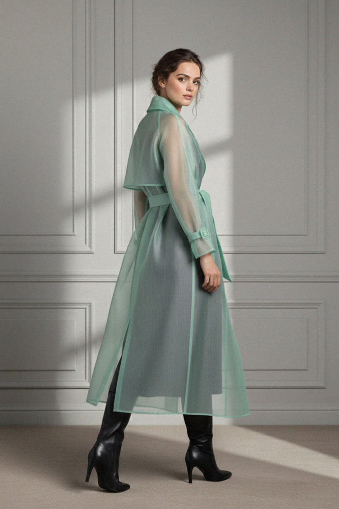 Sheer long trench coat with transparent fabric, Shahida,