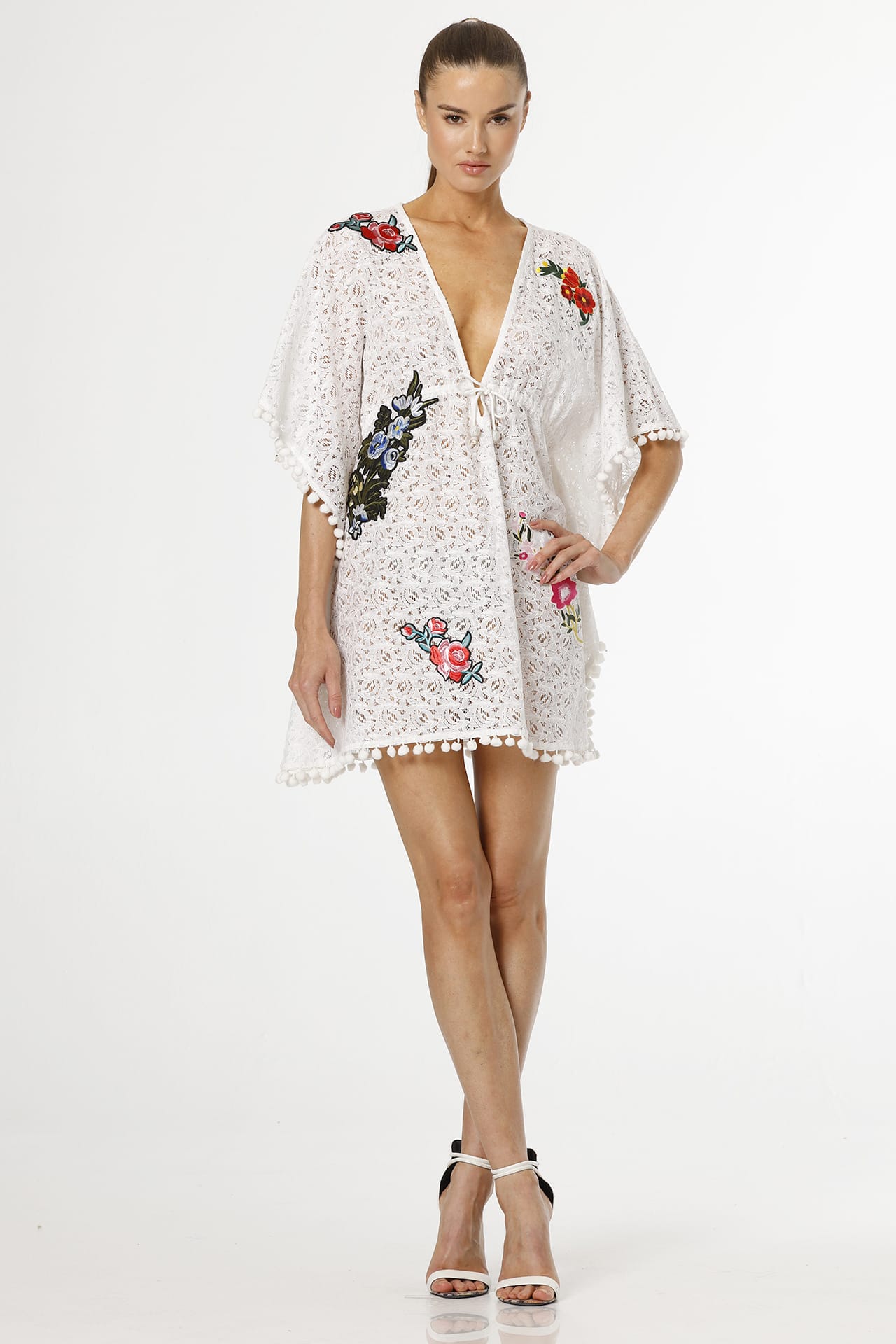 white kaftan dress short White Pleated V-Neck Short Kaftan Oversize Tunic Dress Summer Cover