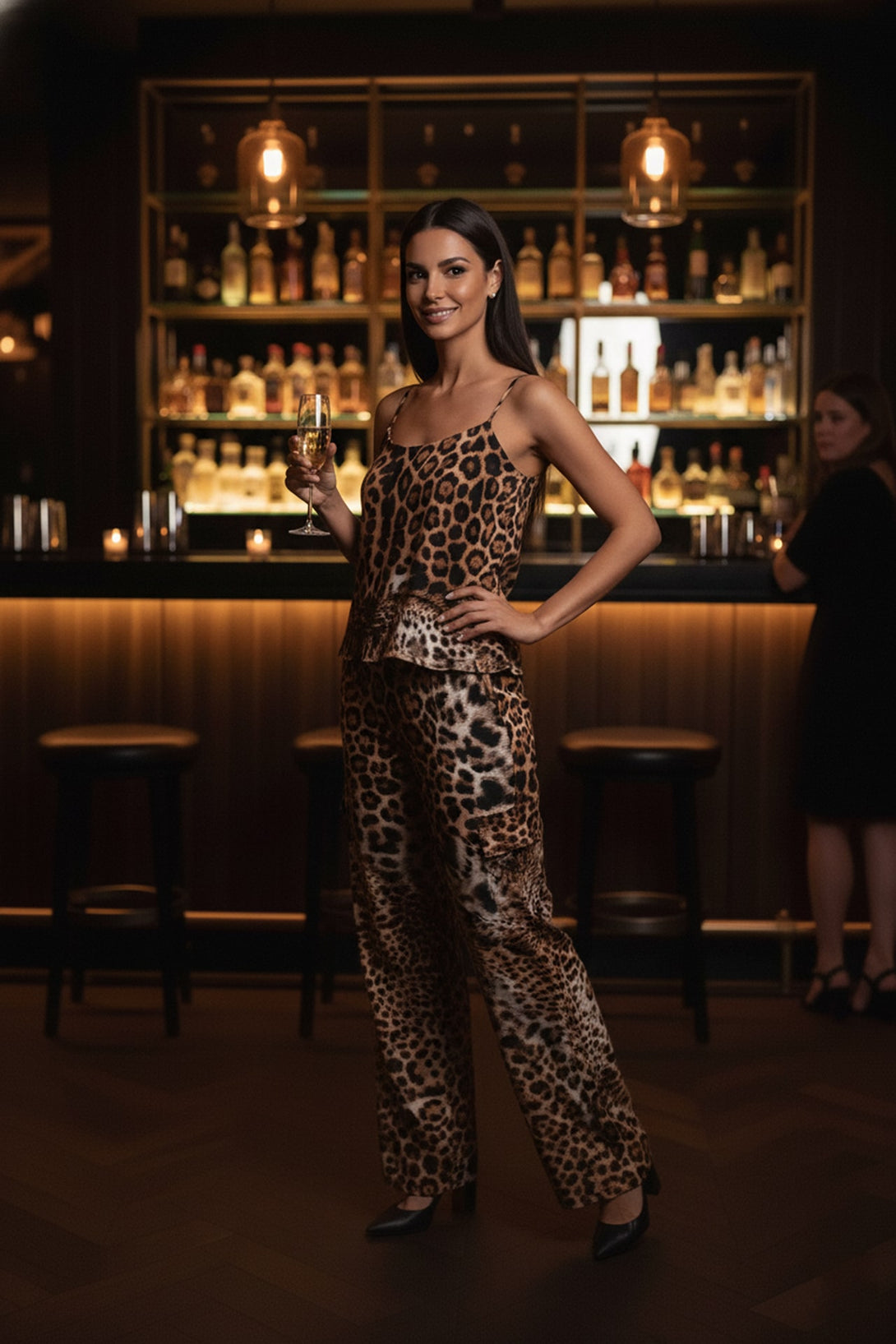 woman wearing leopard print co-ord set, leopard print top and pants outfit, shahida uae