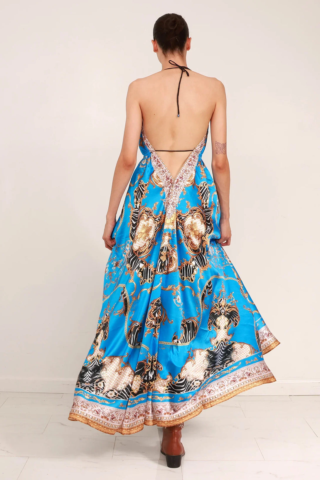 Azure Blue Baroque Scarf Print Halter Maxi Dress | Shahida  Shahida Parides