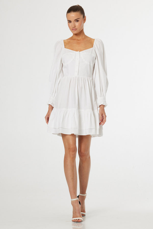 S Luxury White Mini Dress with Puff Sleeves & Feminine Tiered Hem