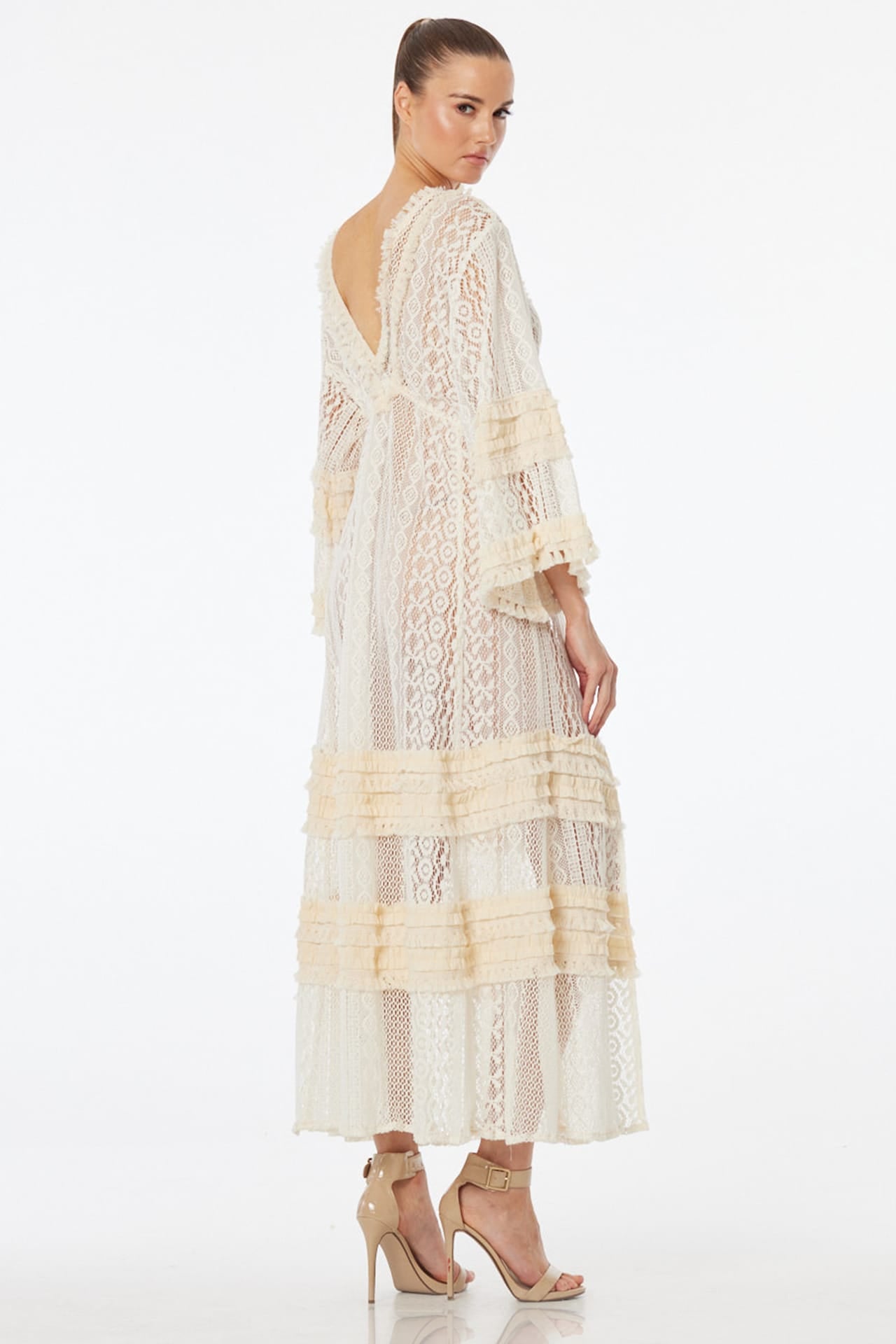 ivory lace maxi dress S Luxury Sheer with Deep V Plunge Neckline Women's Dress Lantern Sleeve Soft lace 5.26.23 Size:Adult | 37.5|R