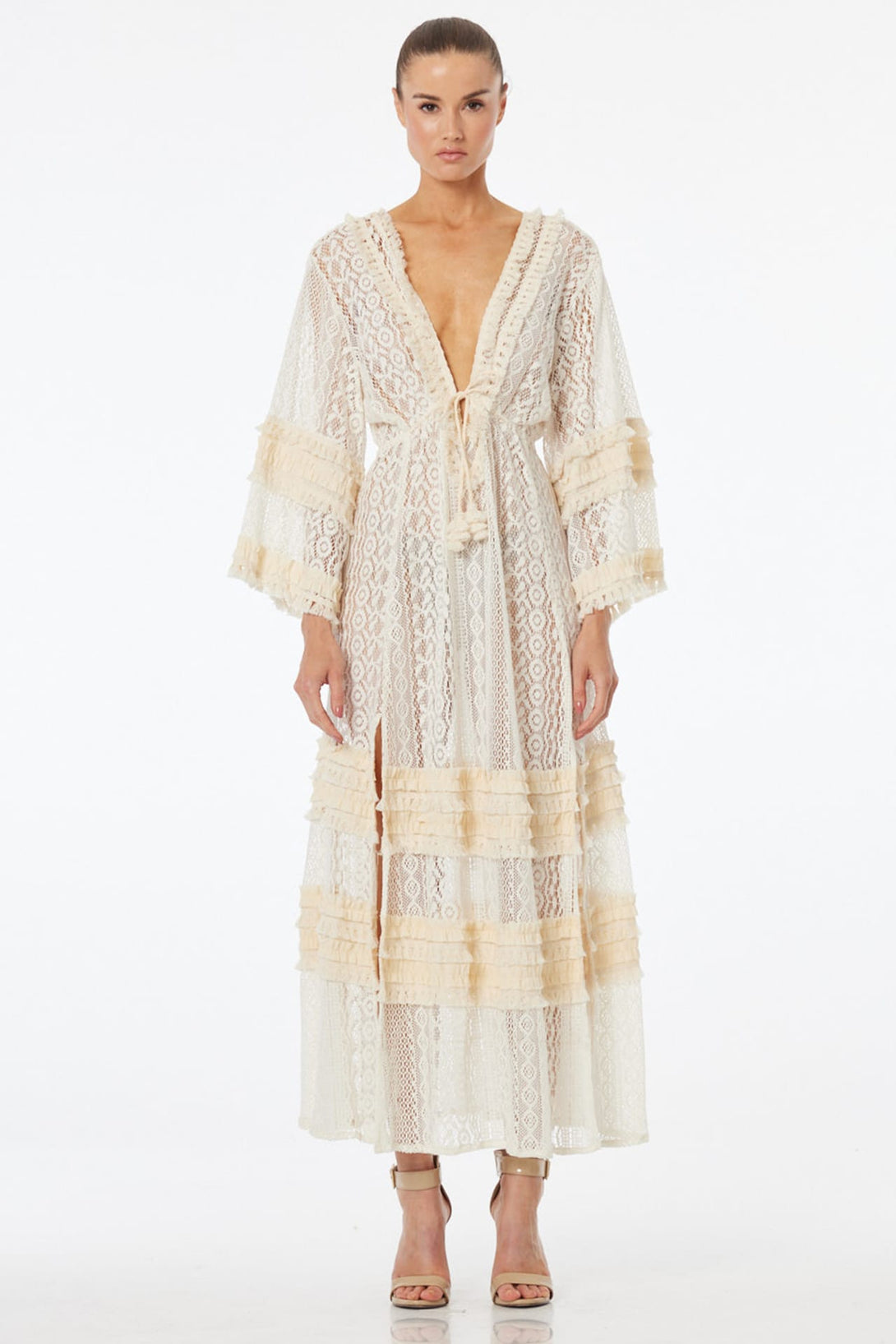 sheer lace maxi dress S Luxury Ivory with Deep V Plunge Neckline Vintamour Royal Blue Vintage dark occasions 228 Select Size:All 5 Sizes - 10% DISC