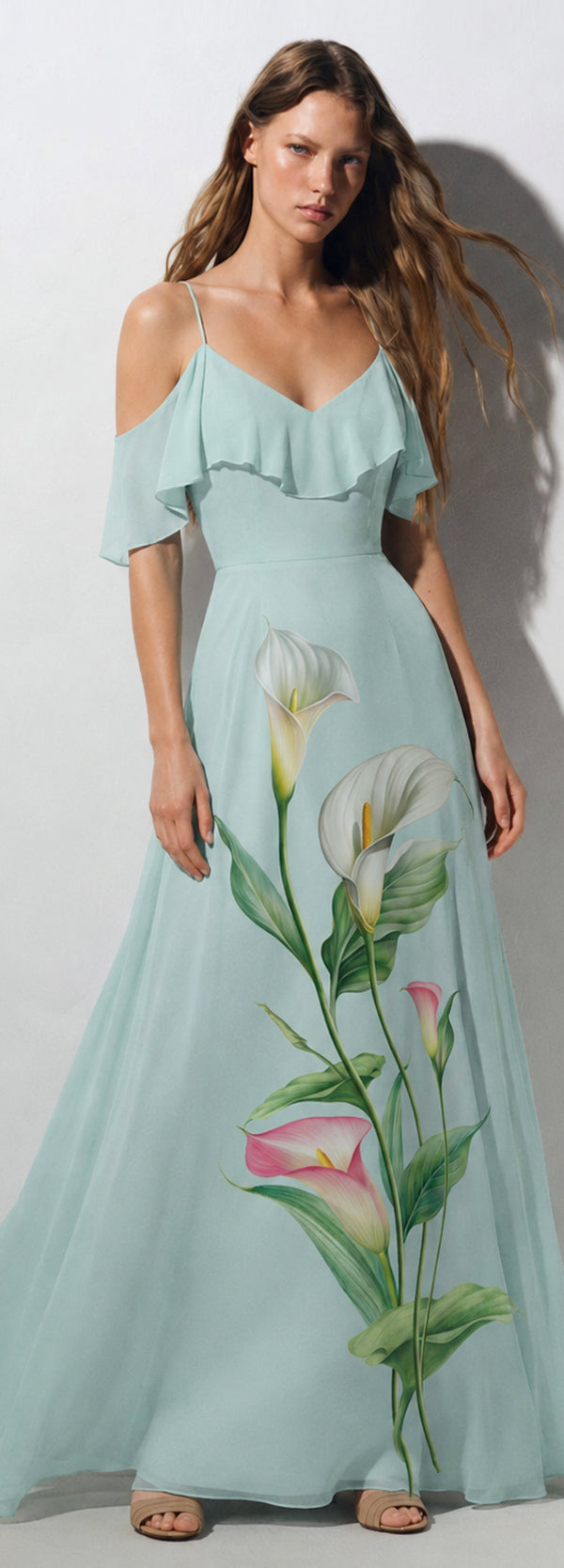 Luxury Blue Calla Lily Print Cold Shoulder Satin Maxi Dress with High Slit