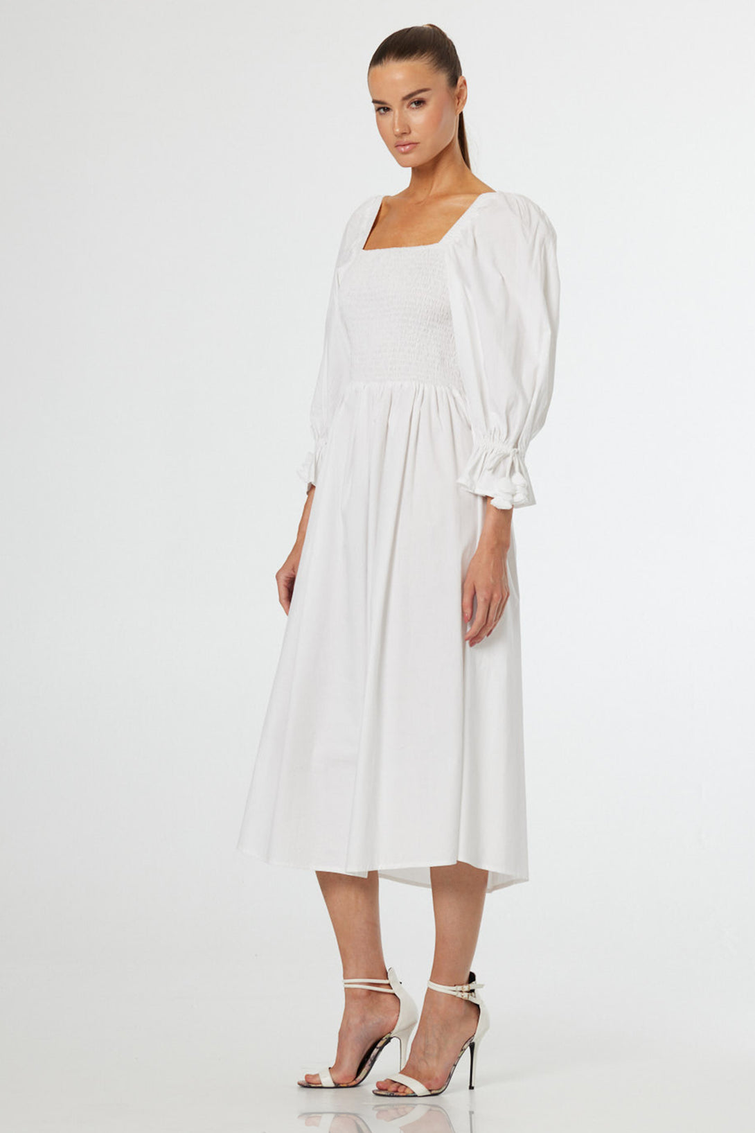 luxury white midi dress S Luxury White Puff Sleeve Midi Dress with Smocked Bodice