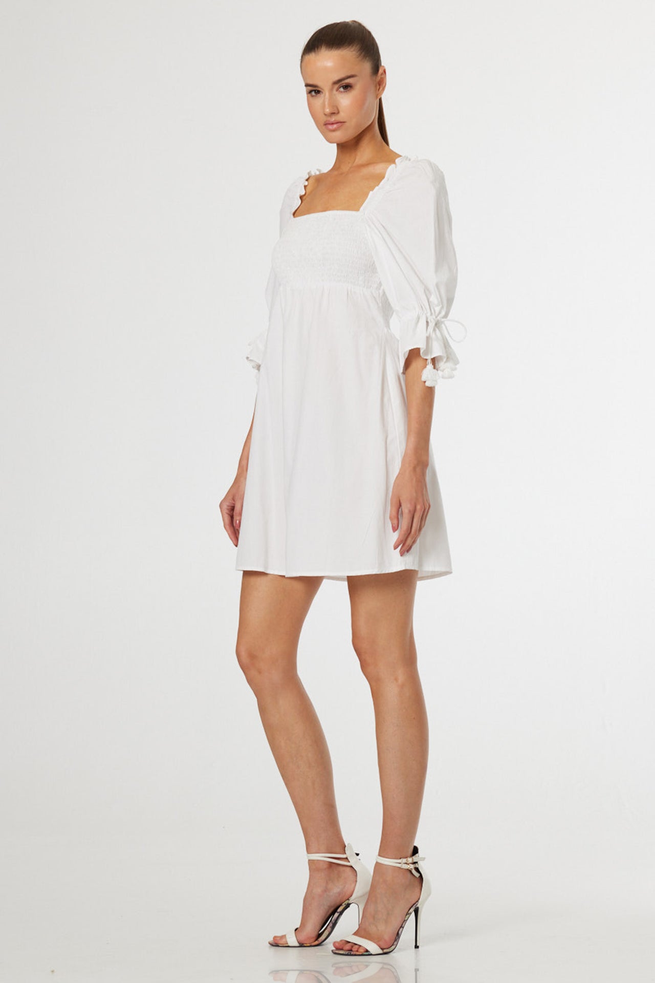 S Luxury White Smocked Mini Dress with Puff Sleeves, Tie Cuff Details