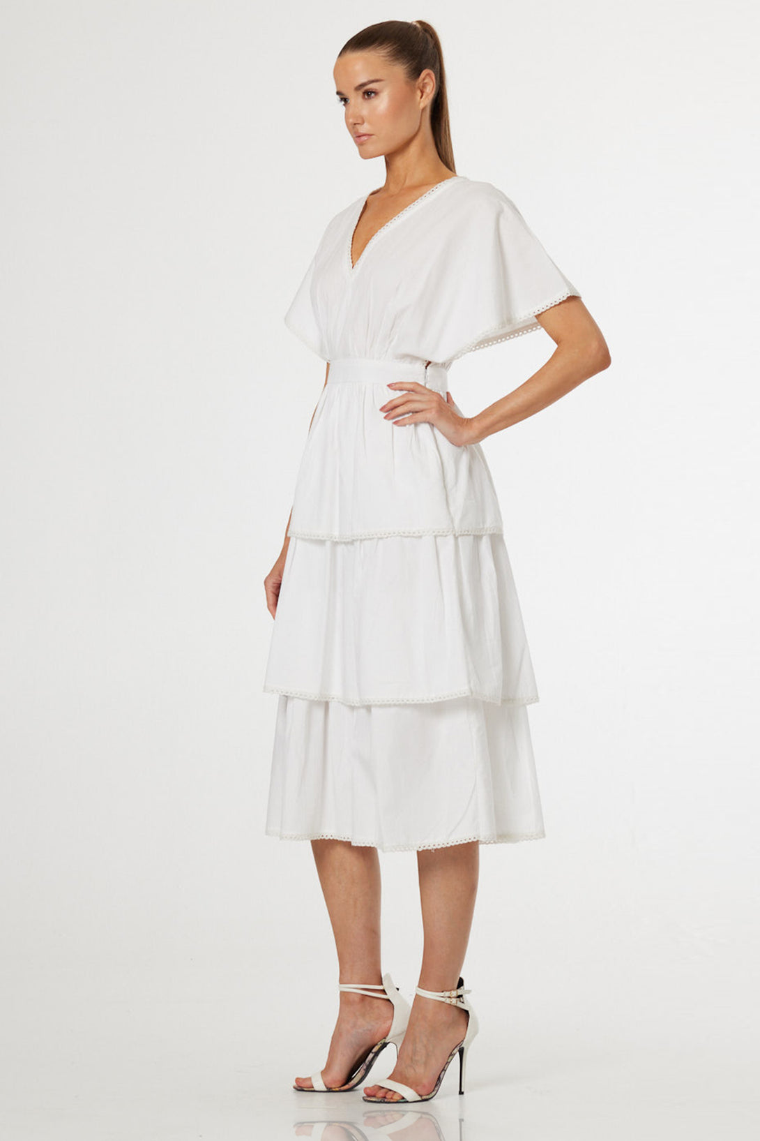 luxury white midi dress S Luxury White Tiered Midi Dress for Elegant Resort & Summer Styling