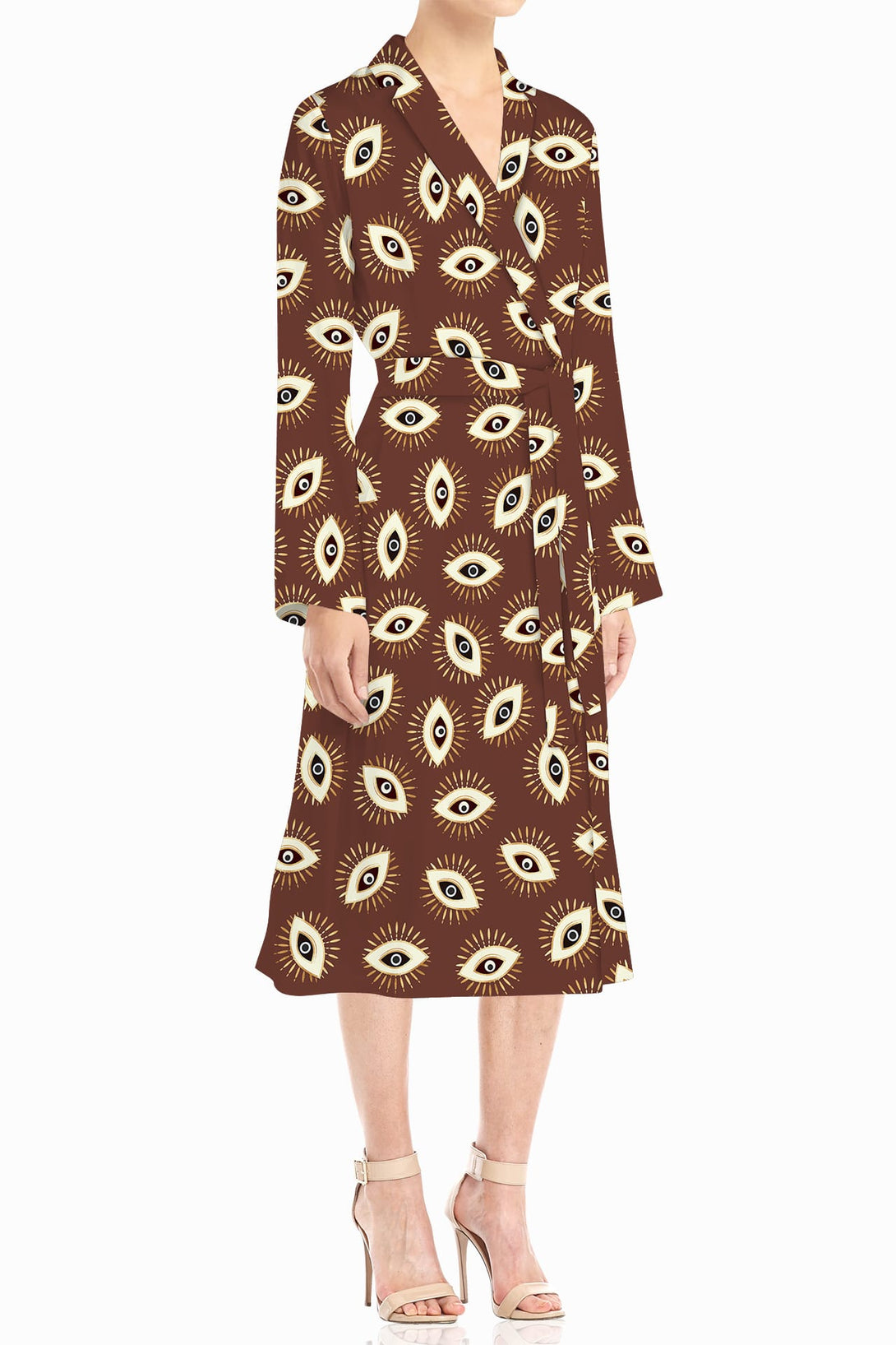 Shahida, Luxury evil eye print wrap midi dress for women’s wardrobe,