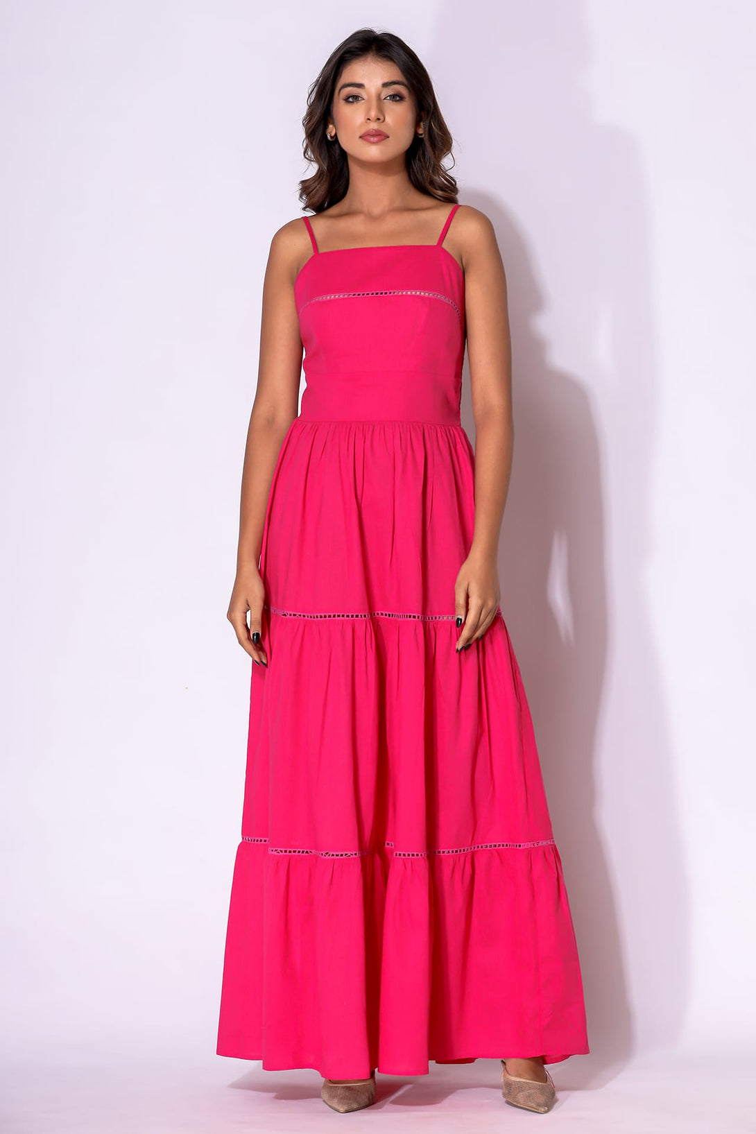 fuchsia cotton dress S Luxury Fuchsia Pink Sleeveless Tiered Cotton Maxi Dress for Women Resort Evening Wear