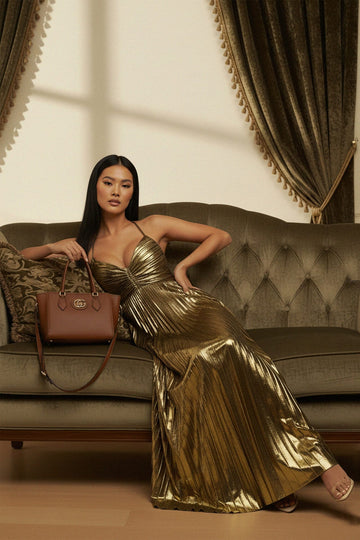 Elegant Gold Metallic Long Dress for Women