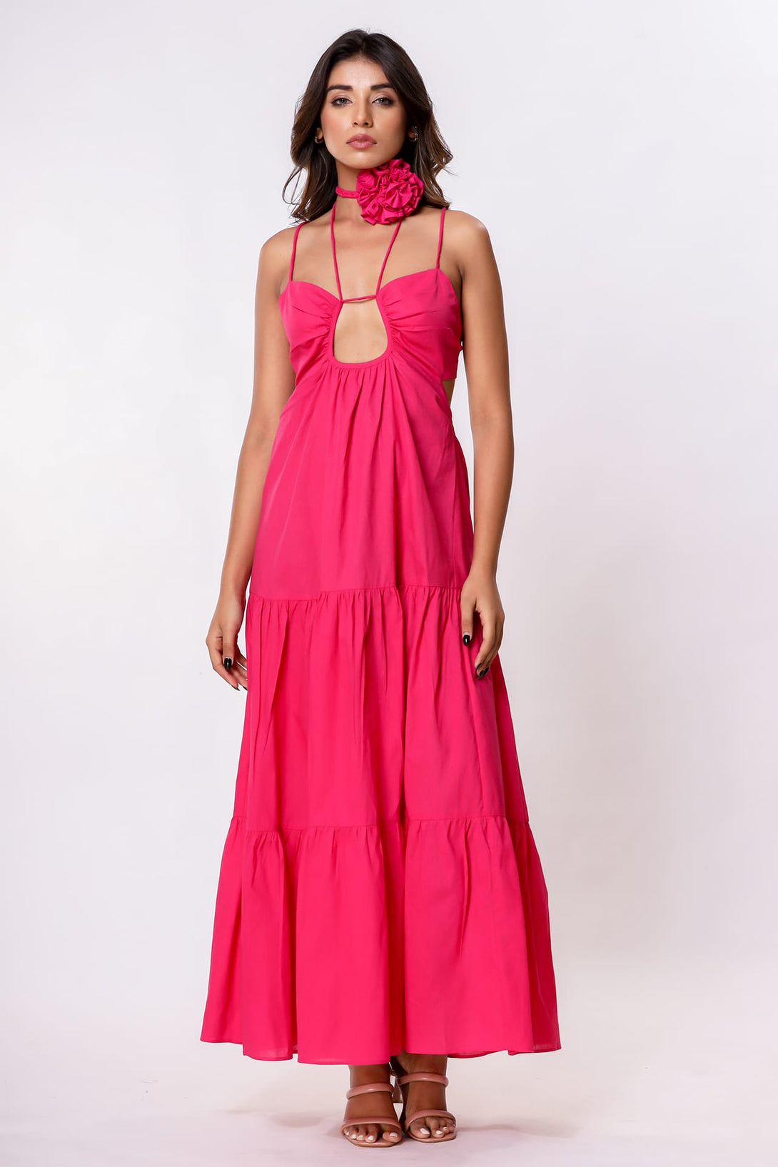 S Fuchsia Pink Open Back Tiered Maxi Dress – Luxury Resort Vacation Dress