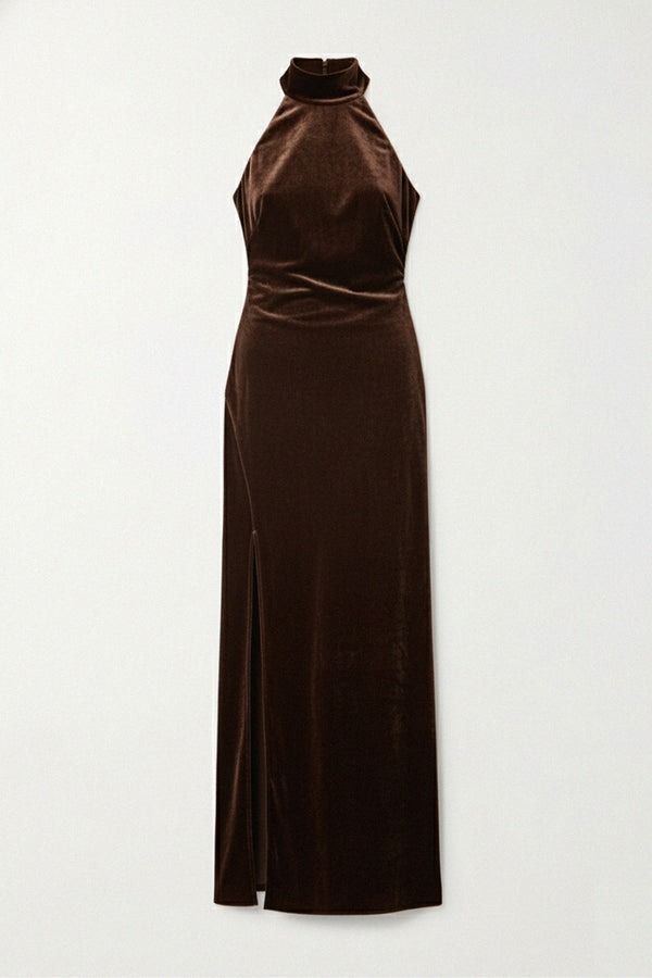 Trendy velvet halter neck gown with side slit, Shahida,