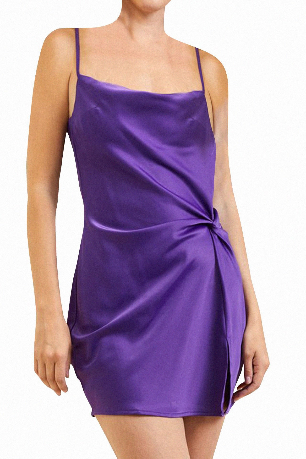 S Luxe Satin Violet Knot-Front Mini Dress
