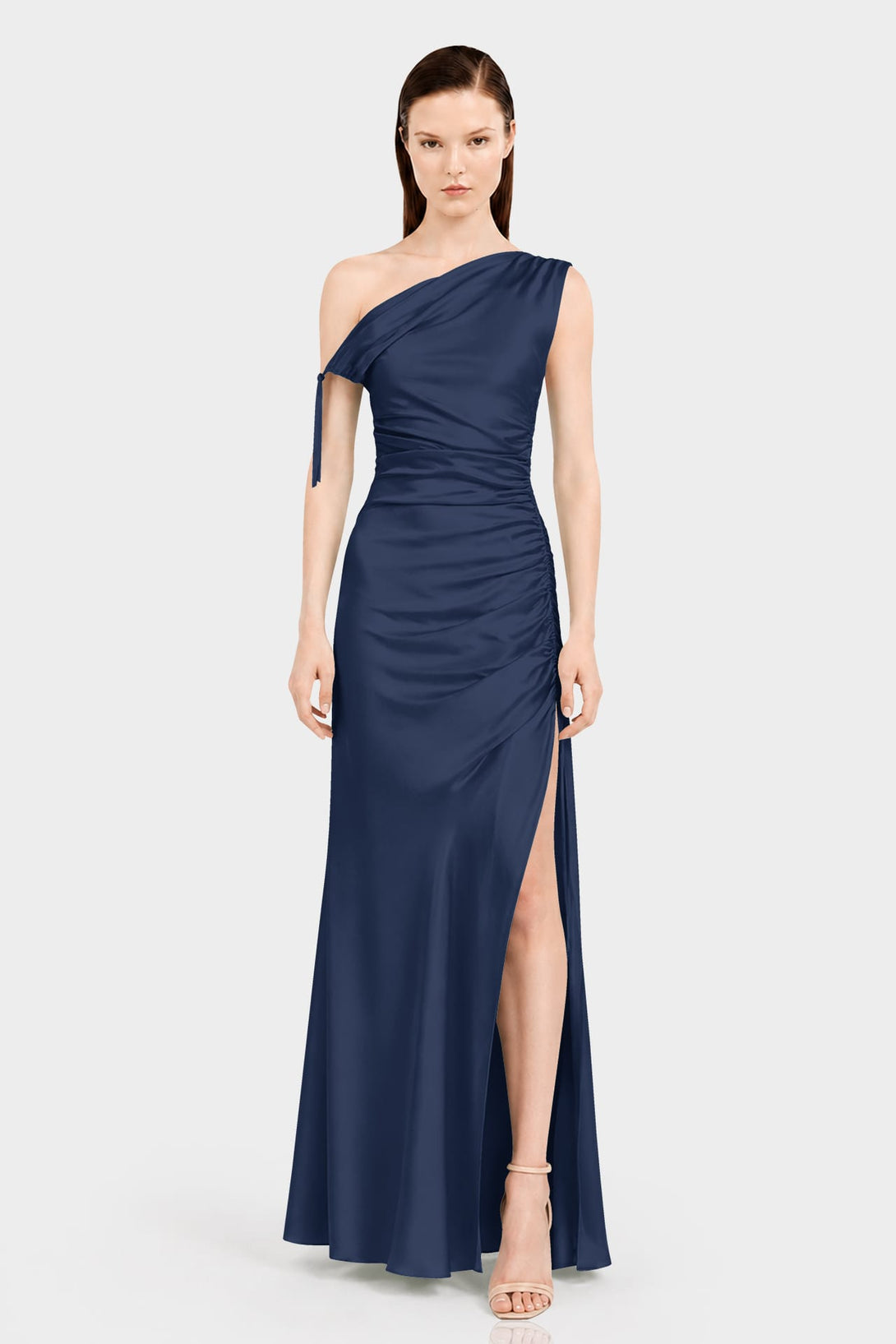 satin reception dress S Midnight Blue One Shoulder Stretch Wedding 2025 Info Women Boat Neck Work vow renewals Extent:14