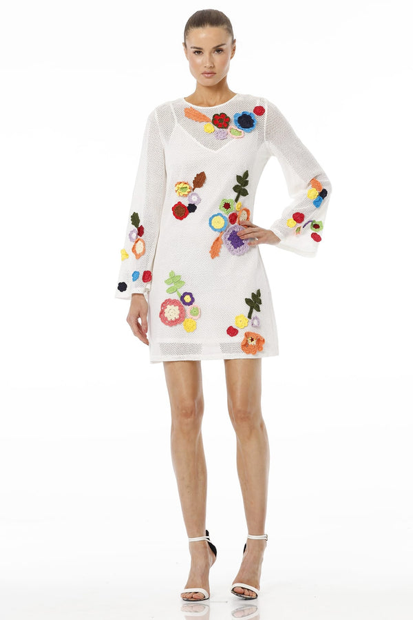 Small White Sheer Mesh Multi Color Crochet Floral Mini Dress – Luxury Sunset Party Dress
