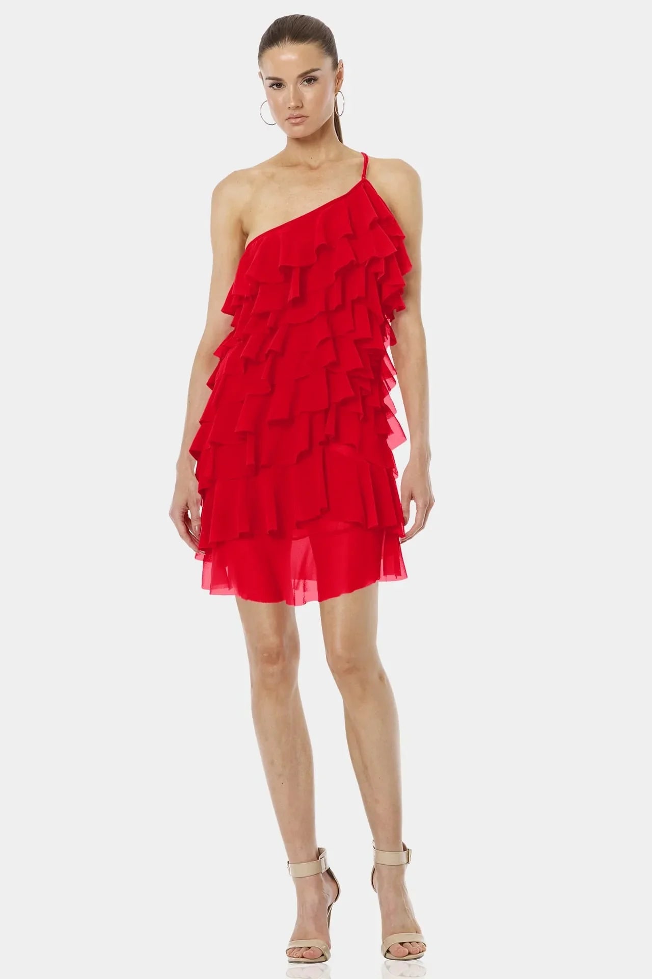 open lace back dress Red One-Shoulder Ruffled Mermaid Short Party Dress – Modsele main image 0