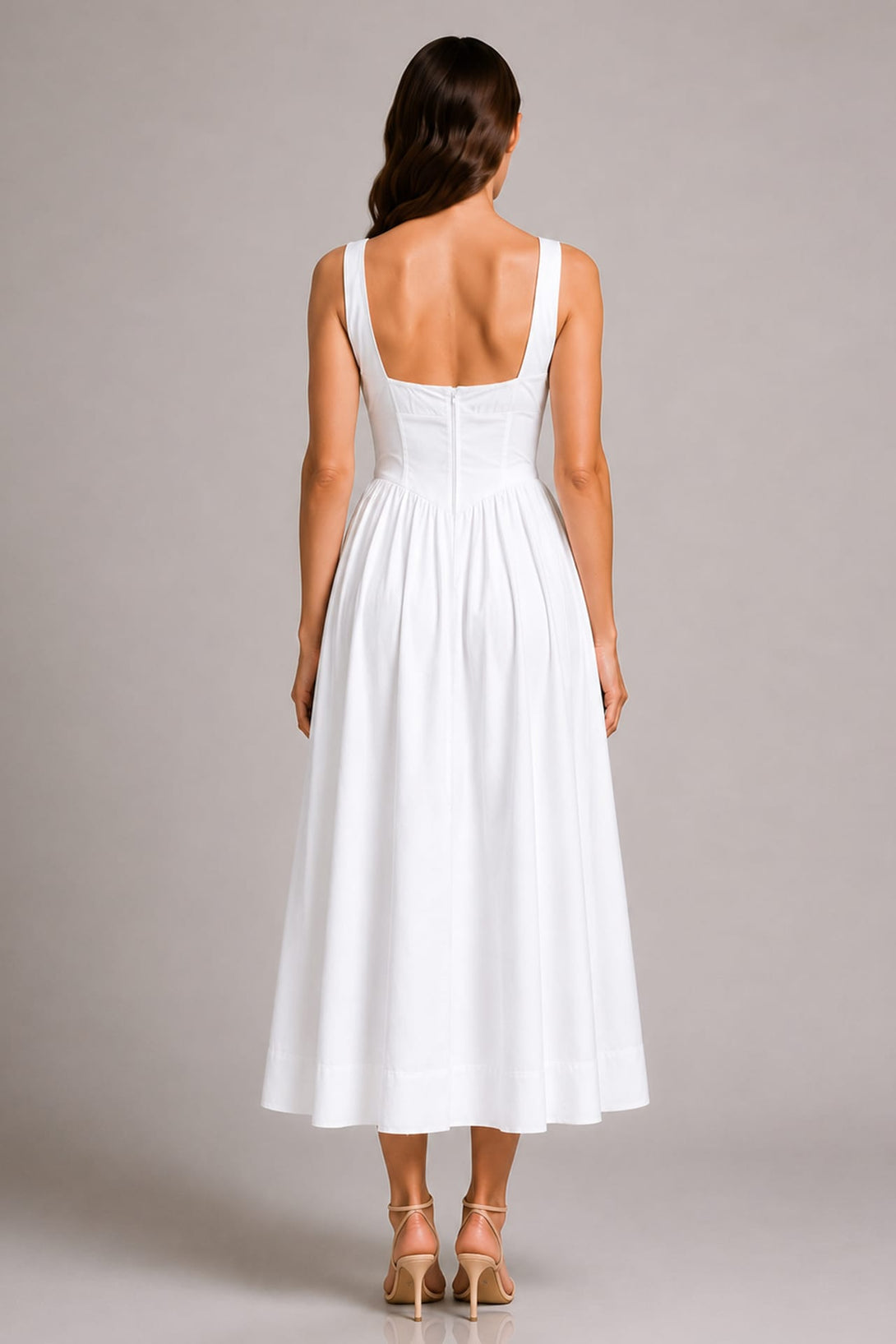 S Luxury White Linen Bridal Midi Dress with Square Neck and Bow Detail – Modern White Bridal Dress