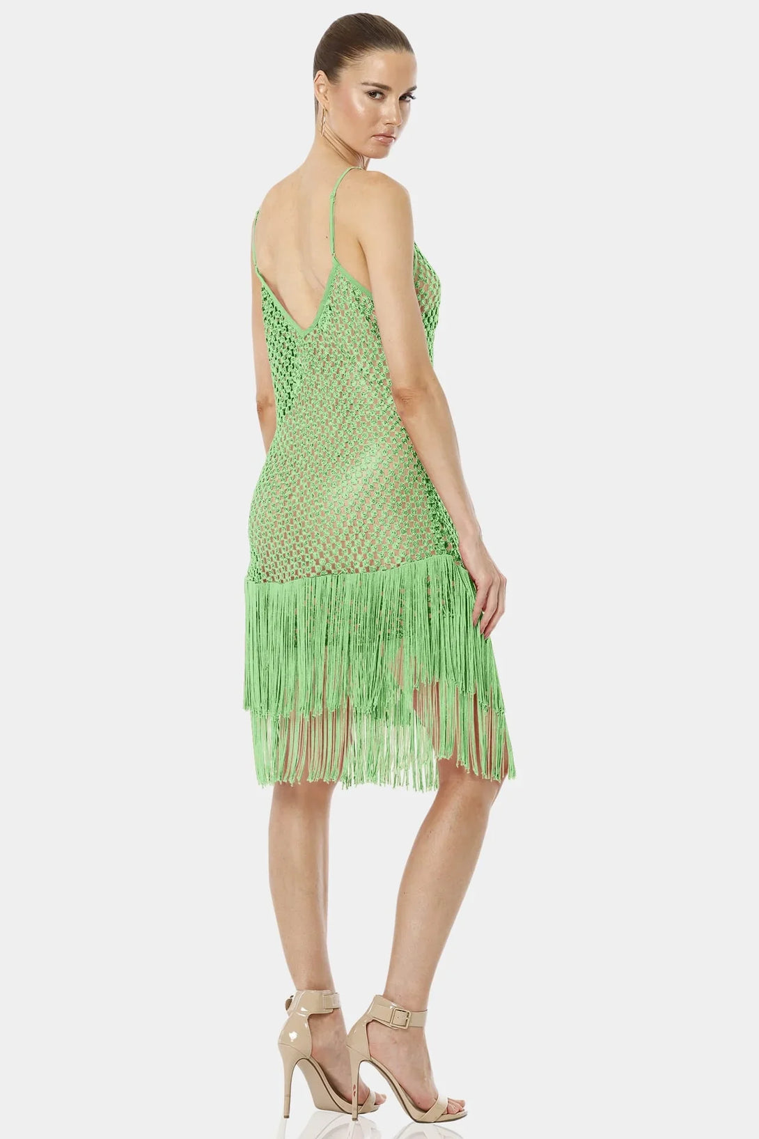 simorra green fringe dress Long fringed dress