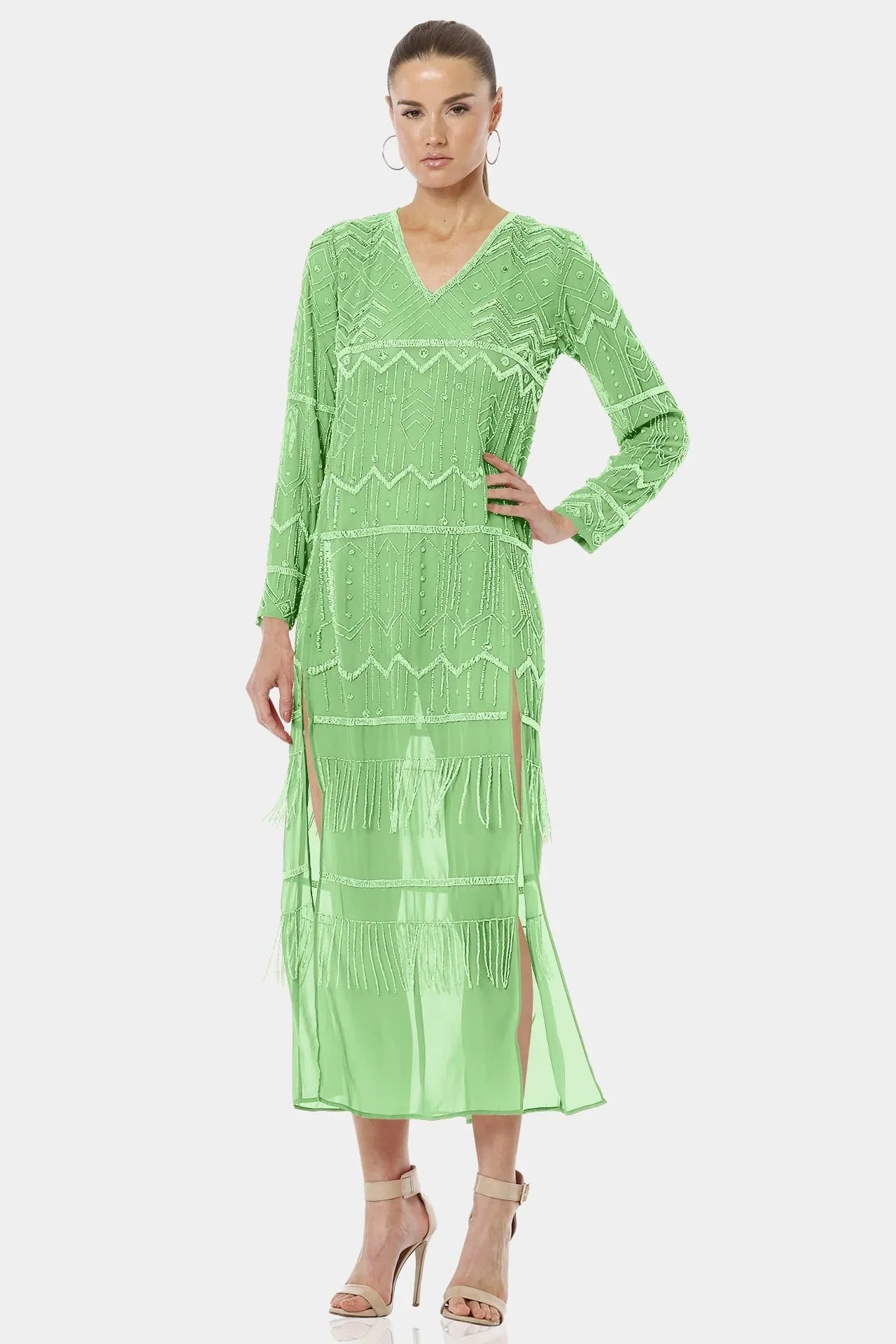 S Royal Mint Green Fringe Edged Emerald Long Dress