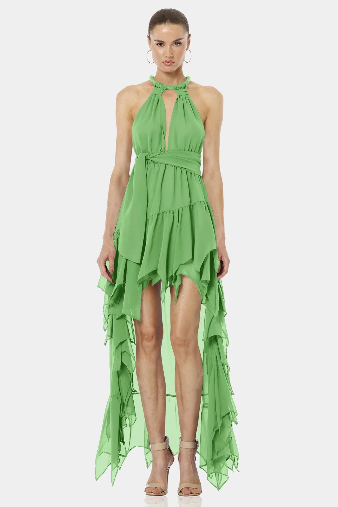 Mint Green Color Dress | Asymmetric Layer | Ruffle Maxi Dress | Qishma Extra Large