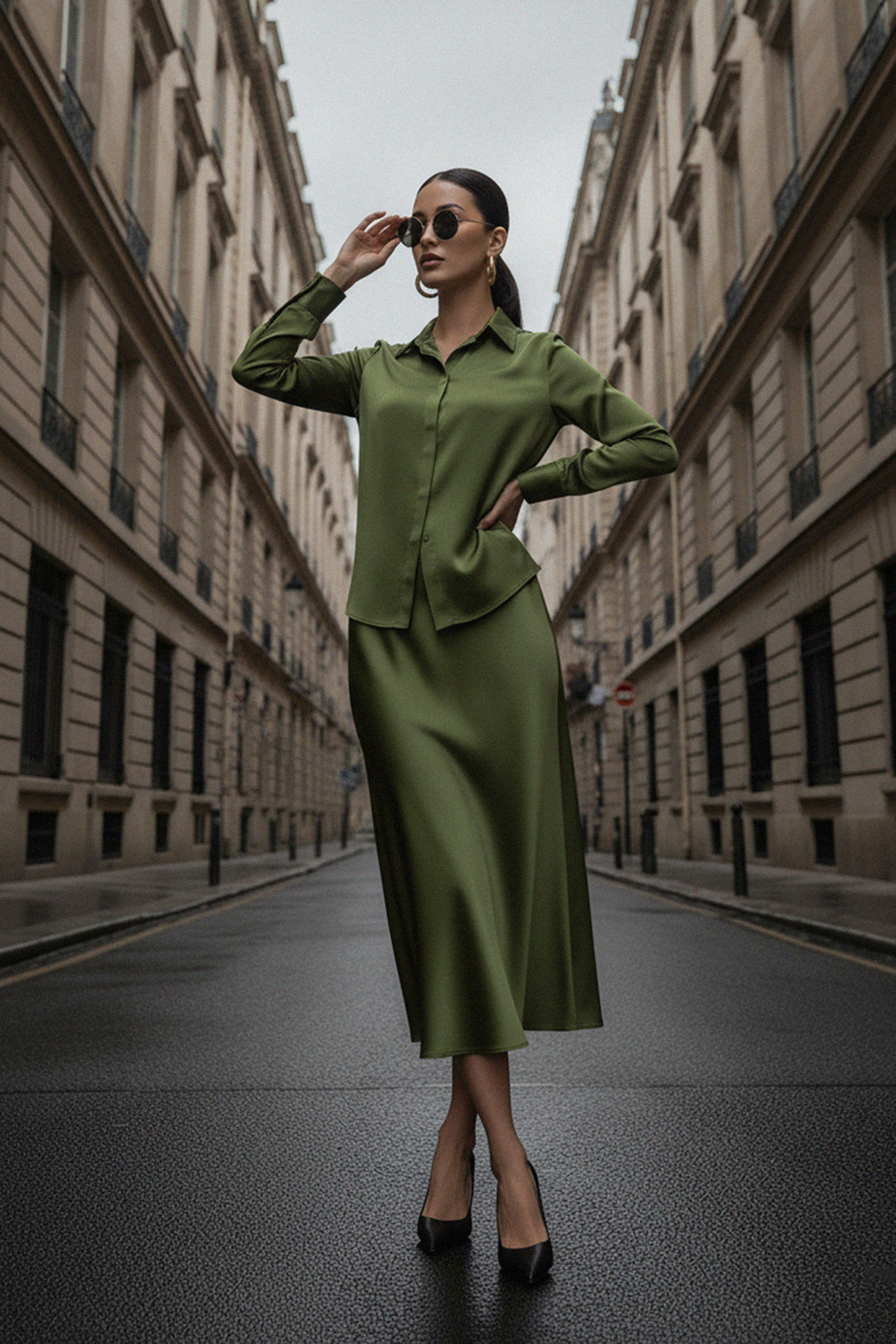 left-pose, sea-kelp-skirt, silk-midi-skirt, designer-outfit, elegant-look, luxury-fashion, flowy-fabric, Shahida-Parides, modern-style, chic-outfit, fashionable-skirt, sophisticated-look, resort-wear